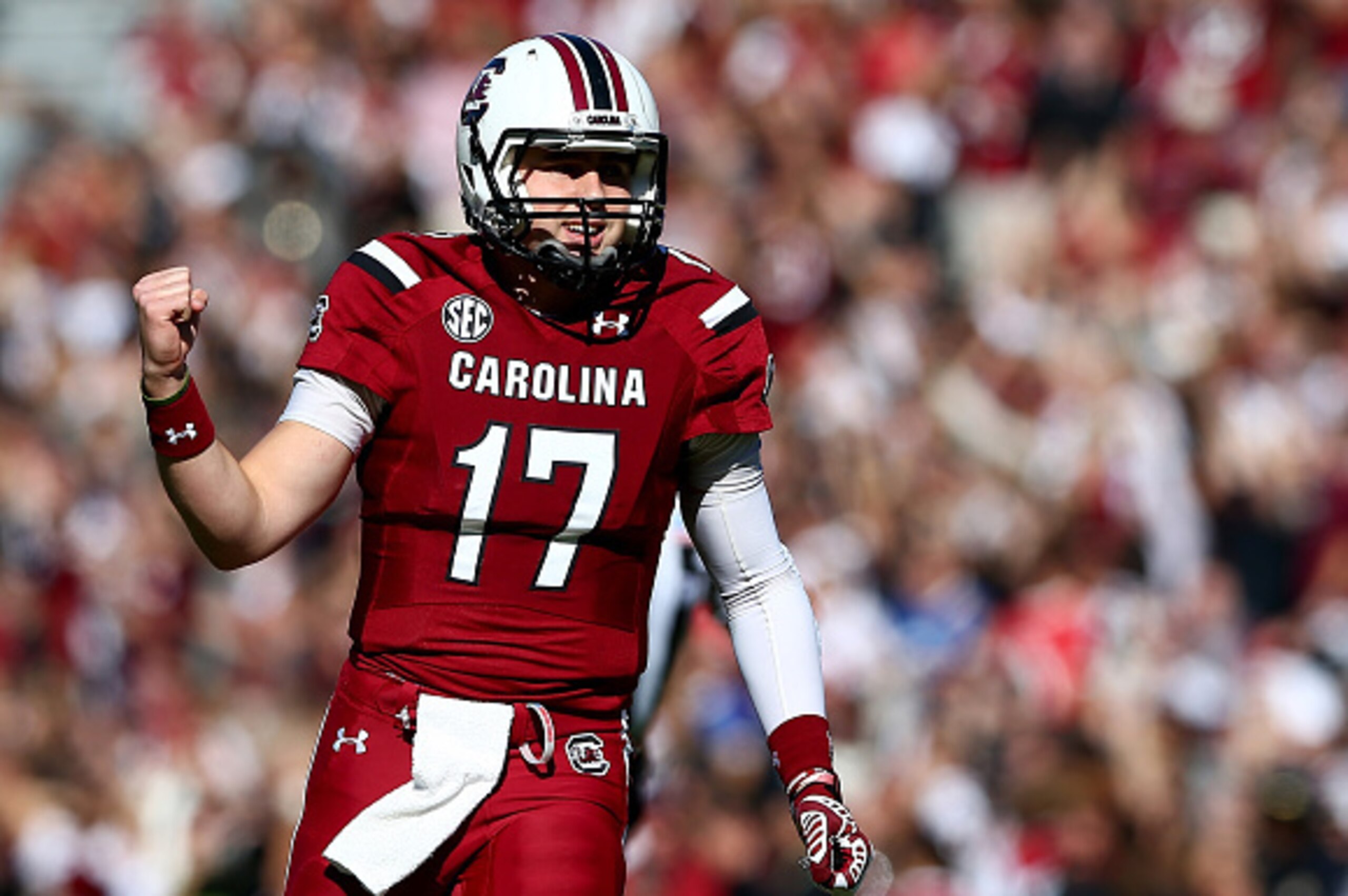 COLUMBIA, SC - NOVEMBER 22:  Dylan Thompson #17 of the South Carolina Gamecocks celebrates after throwing a touchdown pass against the South Alabama Jaguars during their game at Williams-Brice Stadium on November 22, 2014 in Columbia, South Carolina.  (Ph