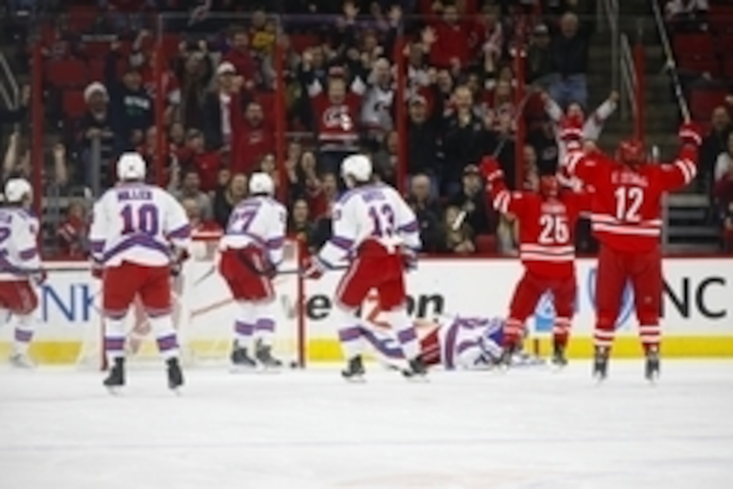 Dec 20, 2014; Raleigh, NC, USA; Carolina Hurricanes forward Chris Terry (25) celebrates his 1st period goal against the New York Rangers at PNC Arena. Mandatory Credit: James Guillory-USA TODAY Sports