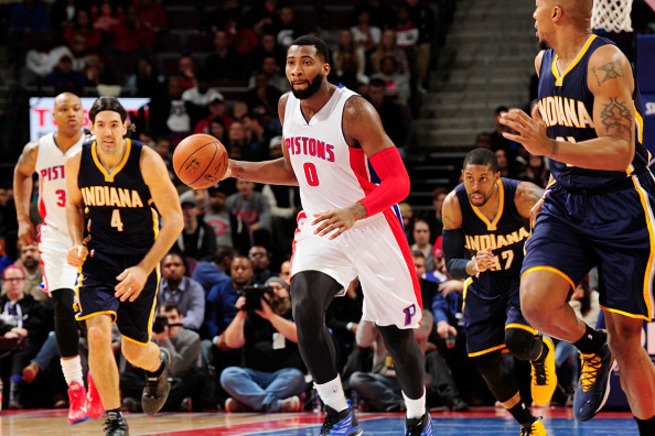 AUBURN HILLS, MI - DECEMBER 26: Andre Drummond #0 of the Detroit Pistons drives down the court against the Indiana Pacers during the game on December 26, 2014 at The Palace of Auburn Hills in Auburn Hills, Michigan. NOTE TO USER: User expressly acknowledg