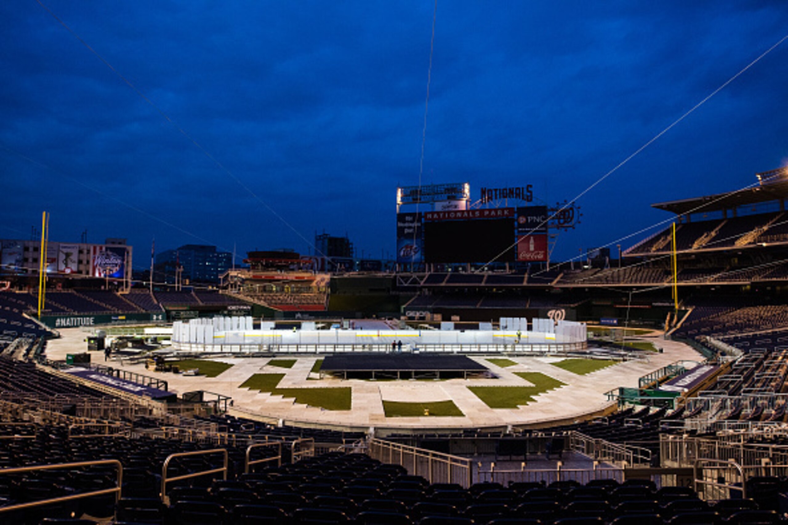WASHINGTON, DC - DECEMBER 20:  Nationals Park is lit up at night during the 2015 Bridgestone NHL Winter Classic Build Out on December 20, 2014 in Washington, DC. The 2015 NHL Winter Classic will take place on New Year's Day with the Washington Capitals pl