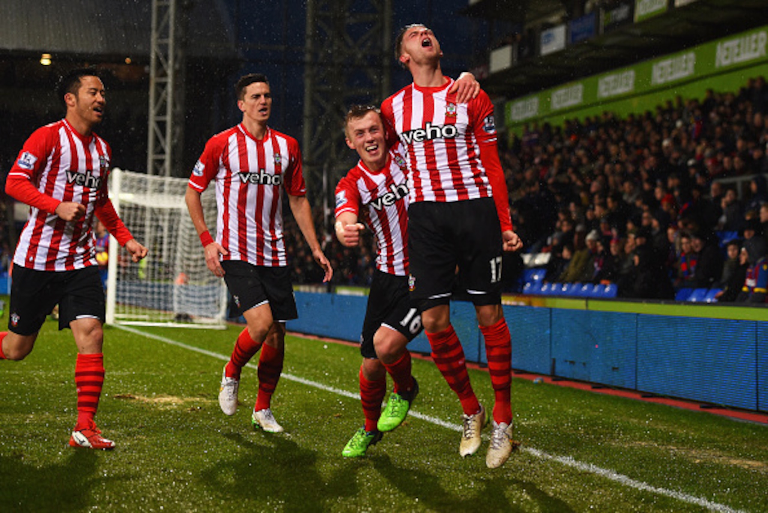 LONDON, ENGLAND - DECEMBER 26:  Toby Alderweireld of Southampton (R) celebrates with team mates Maya Yoshida (L), Florin Gardos (2L) and James Ward-Prowse (2R) as he scores their third goal during the Barclays Premier League match between Crystal Palace a