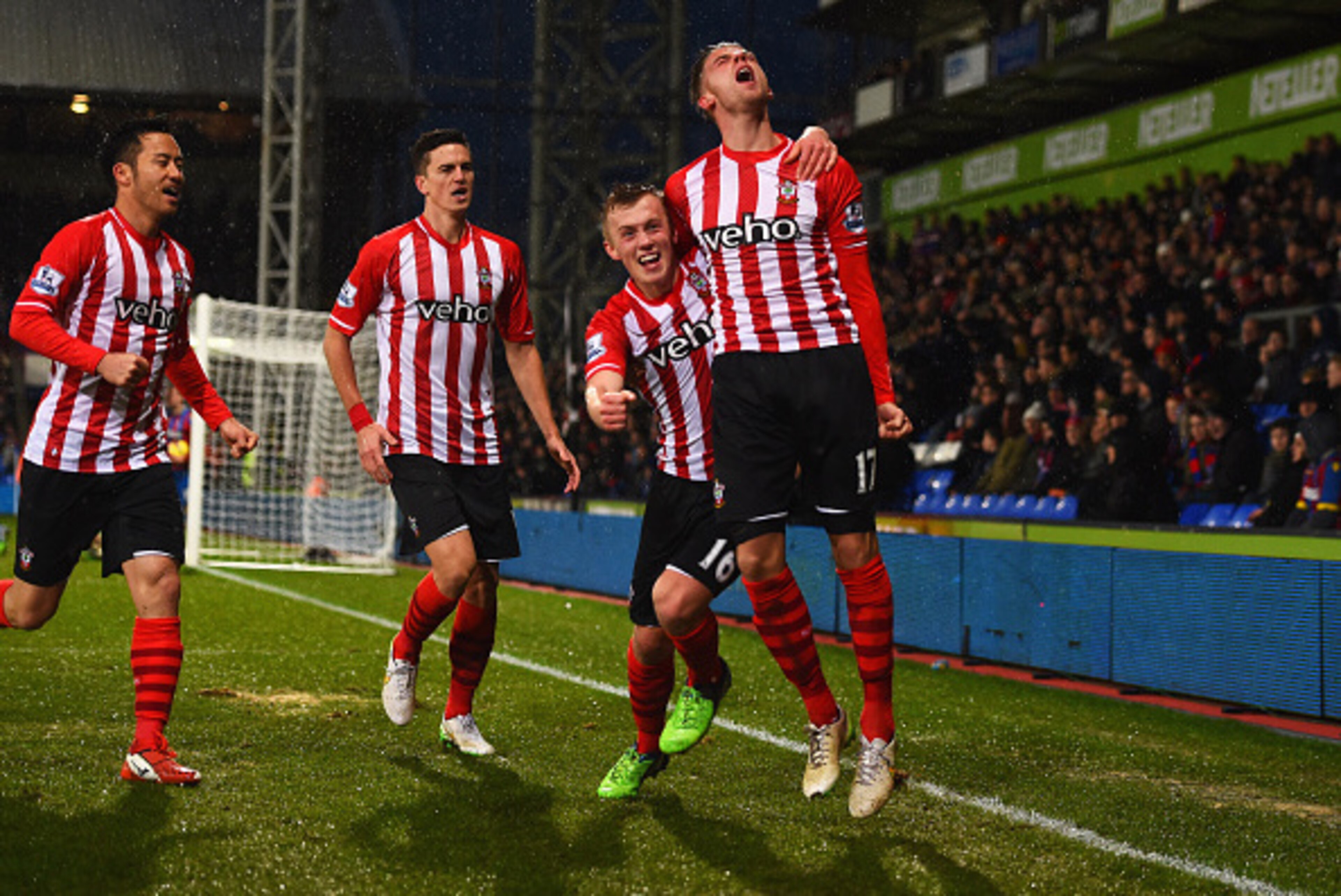 LONDON, ENGLAND - DECEMBER 26:  Toby Alderweireld of Southampton (R) celebrates with team mates Maya Yoshida (L), Florin Gardos (2L) and James Ward-Prowse (2R) as he scores their third goal during the Barclays Premier League match between Crystal Palace a