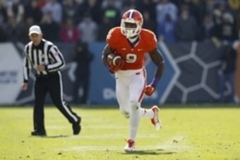 Nov 15, 2014; Atlanta, GA, USA; Clemson Tigers running back Wayne Gallman (9) runs the ball against the Georgia Tech Yellow Jackets in the first quarter at Bobby Dodd Stadium. Mandatory Credit: Brett Davis-USA TODAY Sports
