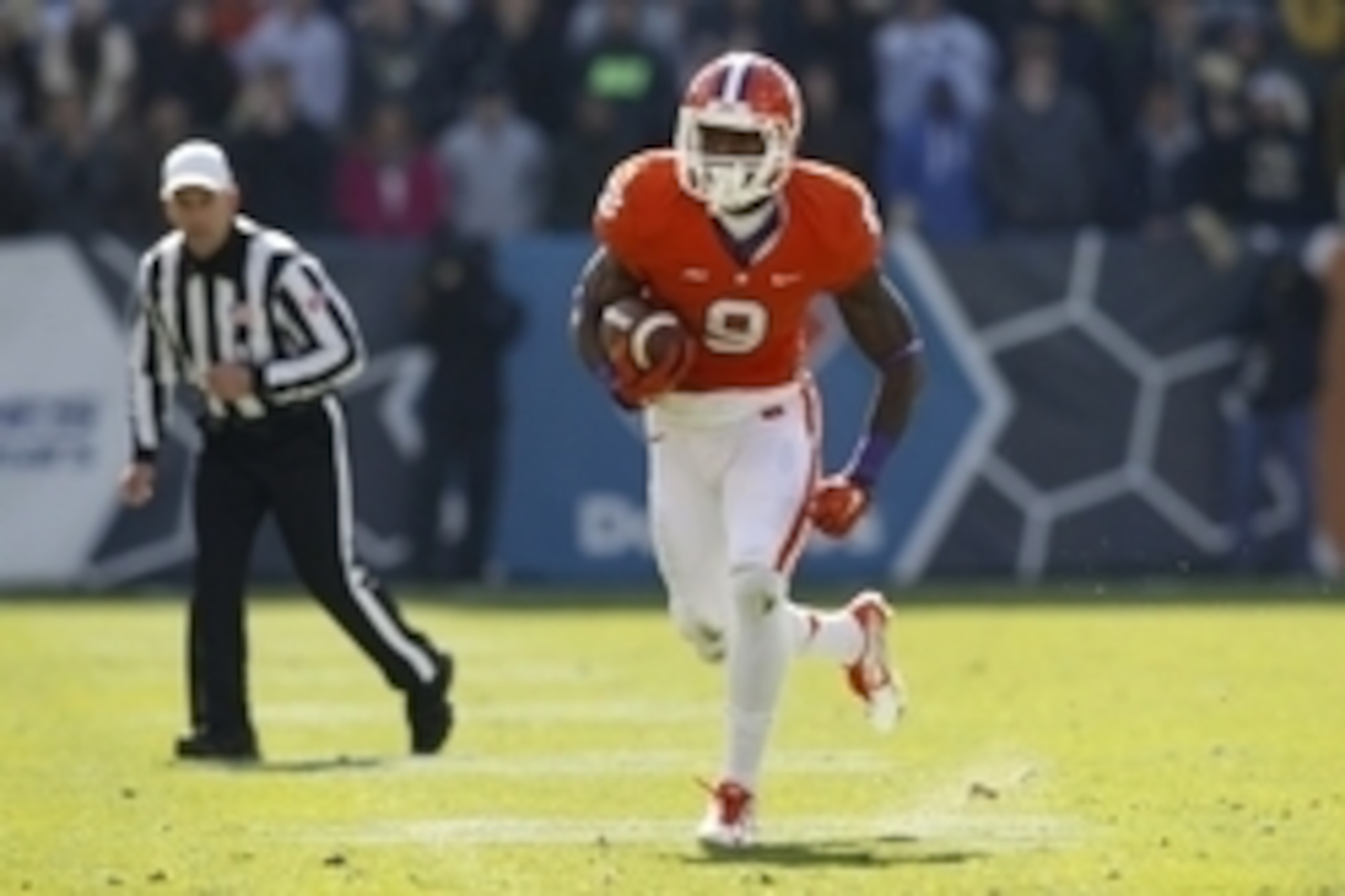 Nov 15, 2014; Atlanta, GA, USA; Clemson Tigers running back Wayne Gallman (9) runs the ball against the Georgia Tech Yellow Jackets in the first quarter at Bobby Dodd Stadium. Mandatory Credit: Brett Davis-USA TODAY Sports Nov 15, 2014; Atlanta, GA, USA; Clemson Tigers running back Wayne Gallman (9) runs the ball against the Georgia Tech Yellow Jackets in the first quarter at Bobby Dodd Stadium. Mandatory Credit: Brett Davis-USA TODAY Sports