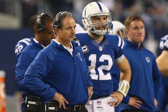 ARLINGTON, TX - DECEMBER 21:  Head coach Chuck Pagano of the Indianapolis Colts on the sidelines during play against the Dallas Cowboys in the third quarter at AT&T Stadium on December 21, 2014 in Arlington, Texas.  (Photo by Ronald Martinez/Getty Images)