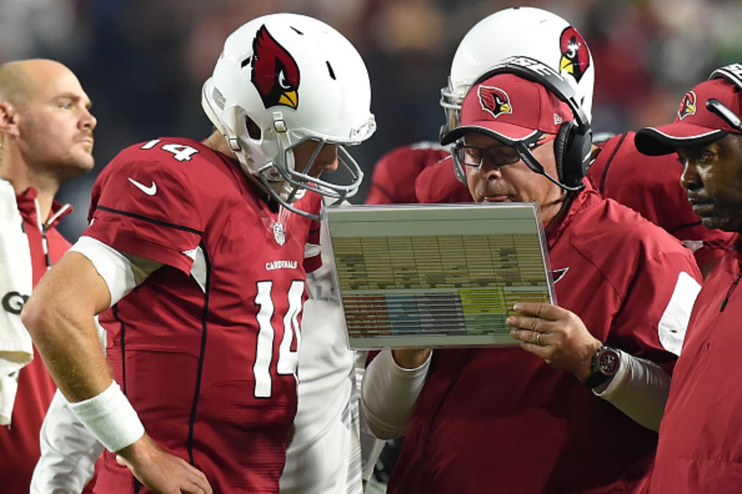 GLENDALE, AZ - DECEMBER 21:  Head coach Bruce Arians of the Arizona Cardinals talks with quarterback Ryan Lindley #14 in the first half of the NFL game against the Seattle Seahawks at University of Phoenix Stadium on December 21, 2014 in Glendale, Arizona