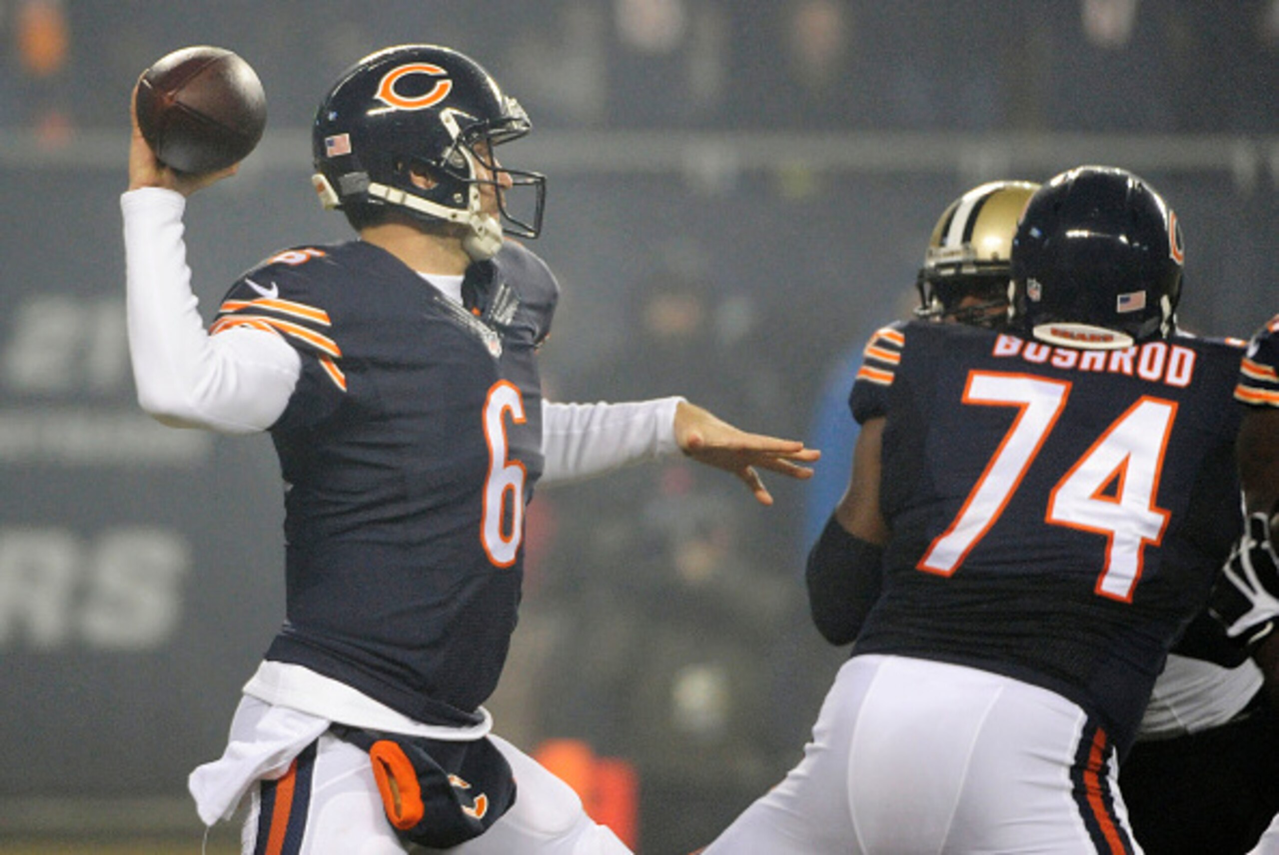CHICAGO, IL - DECEMBER 15: Jay Cutler #6 of the Chicago Bears throws an interception during the first quarter against the New Orleans Saints at Soldier Field on December 15, 2014 in Chicago, Illinois. (Photo by David Banks/Getty Images)