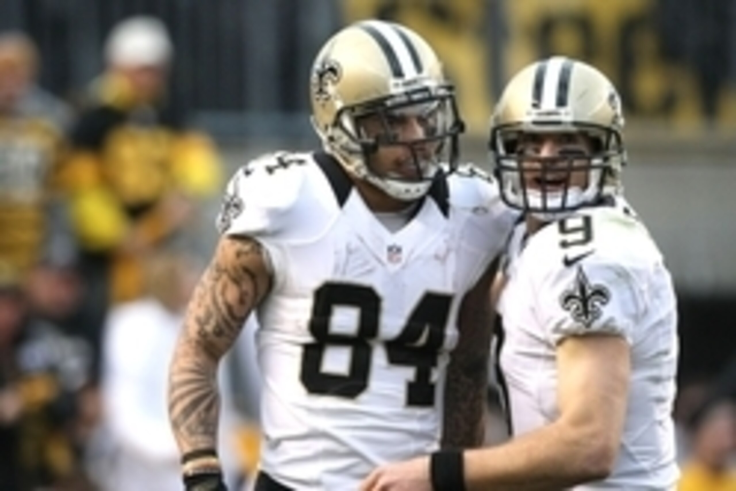 Nov 30, 2014; Pittsburgh, PA, USA; New Orleans Saints wide receiver Kenny Stills (84) celebrates his touchdown with quarterback Drew Brees (9) during the second half at Heinz Field. The Saints won the game, 35-32. Mandatory Credit: Jason Bridge-USA TODAY