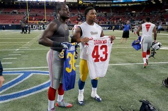 Darkwa forced a special teams fumble against his childhood friend, St. Louis running back Benny Cunningham.