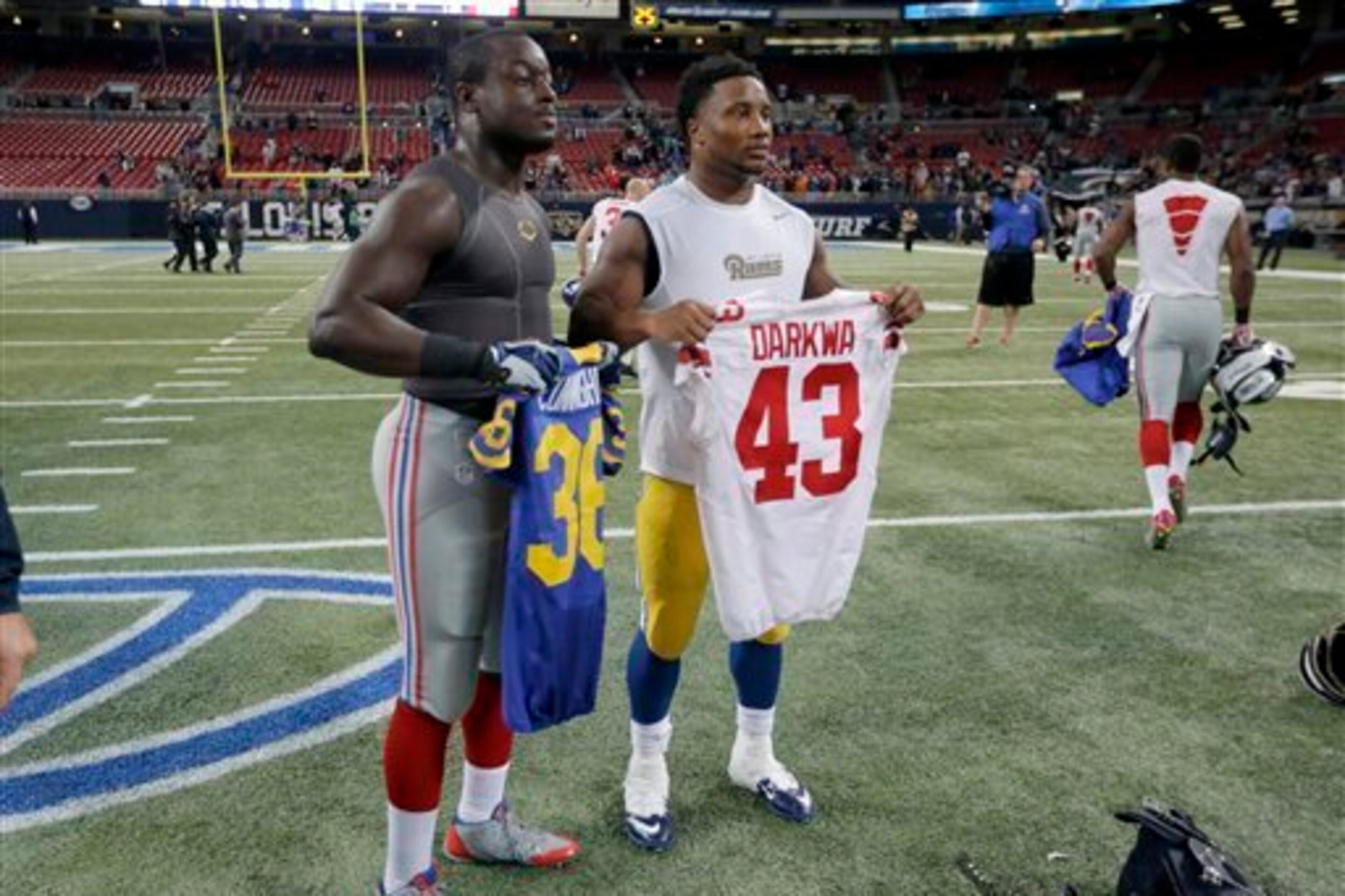 Darkwa forced a special teams fumble against his childhood friend, St. Louis running back Benny Cunningham. Darkwa forced a special teams fumble against his childhood friend, St. Louis running back Benny Cunningham.