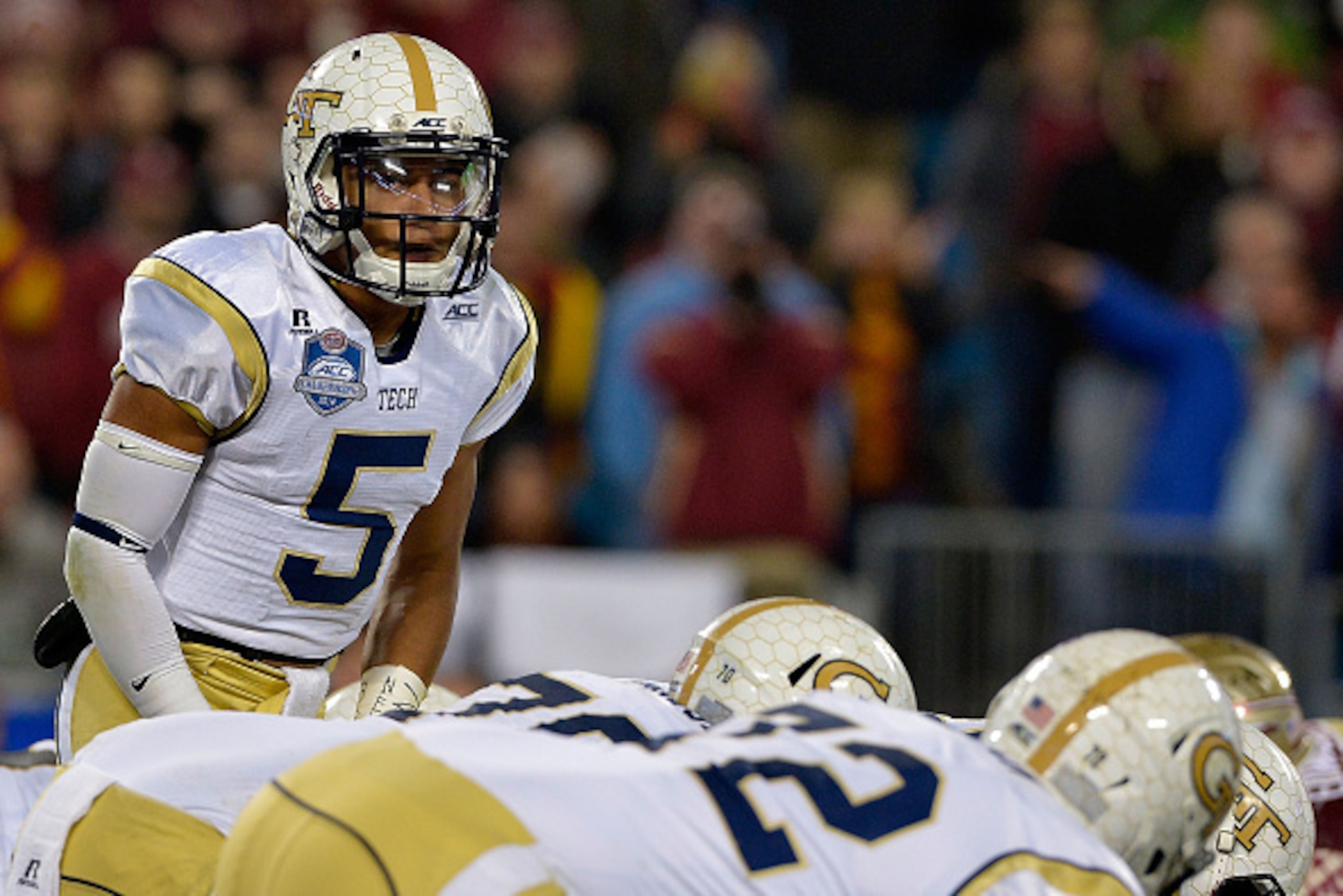 CHARLOTTE, NC - DECEMBER 06:  Justin Thomas #5 of the Georgia Tech Yellow Jackets looks to the sideline before the snap against the Florida State Seminoles in the 2nd half during the Atlantic Coast Conference championship game on December 6, 2014 in Green