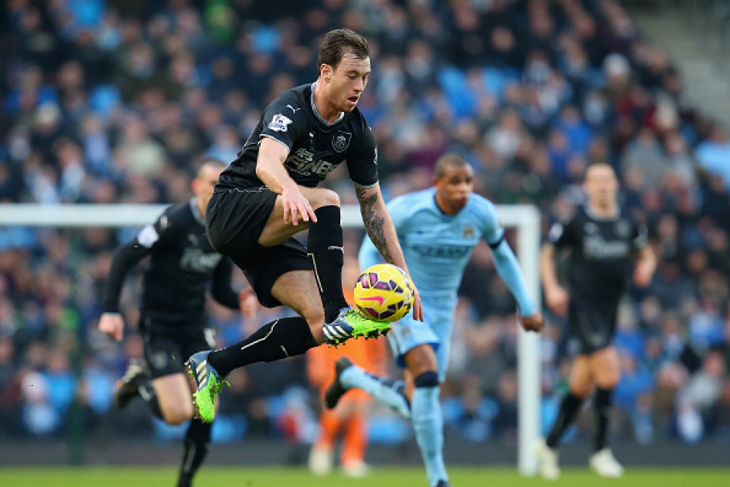 MANCHESTER, ENGLAND - DECEMBER 28:  Ashley Barnes of Burnley controls the ball during the Barclays Premier League match between Manchester City and Burnley at Etihad Stadium on December 28, 2014 in Manchester, England.  (Photo by Jan Kruger/Getty Images)