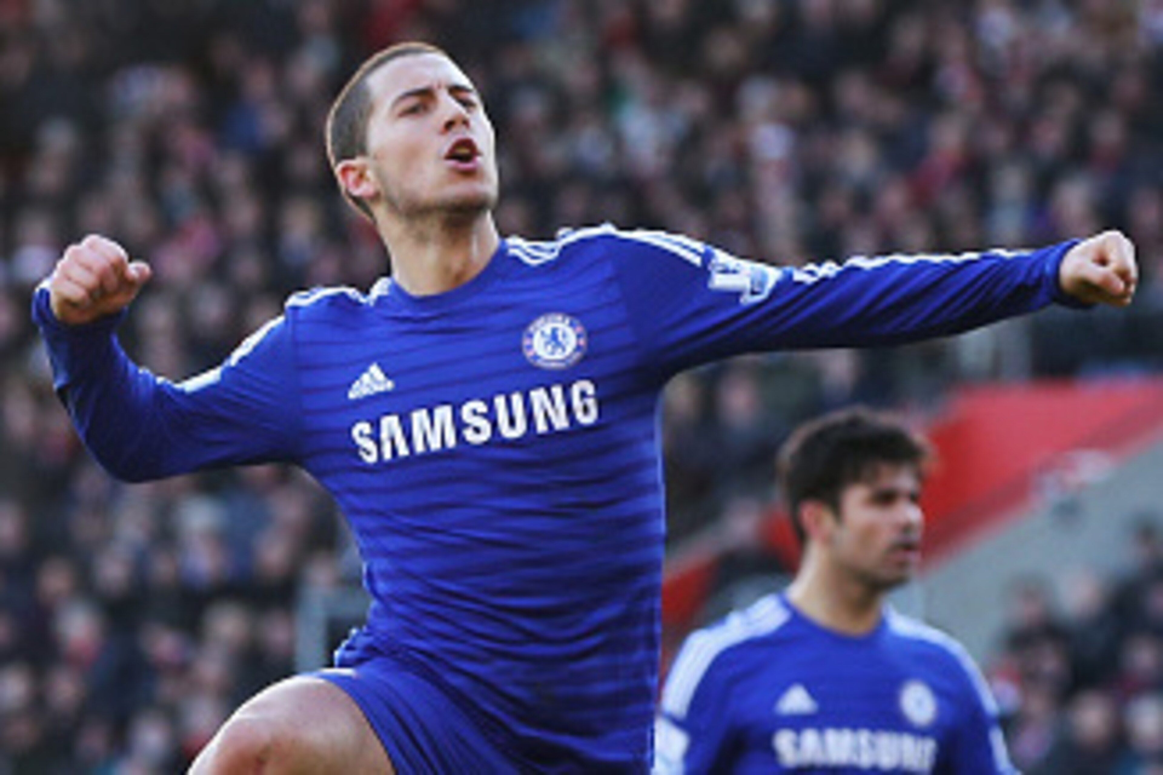 SOUTHAMPTON, ENGLAND - DECEMBER 28:  Eden Hazard of Chelsea celebrates scoring his goal during the Barclays Premier League match between Southampton and Chelsea at St Mary's Stadium on December 28, 2014 in Southampton, England.  (Photo by Scott Heavey/Get