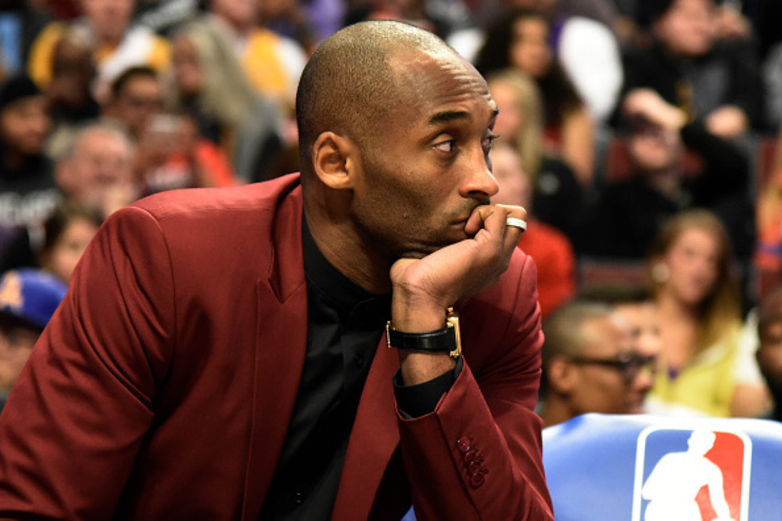 CHICAGO, IL - DECEMBER 25: Kobe Bryant #24 of the Los Angeles Lakers watches the game from the bench during the second half on December 25, 2014 at the United Center in Chicago, Illinois. The Bulls  defeated the Lakers 113-93. NOTE TO USER: User expressly