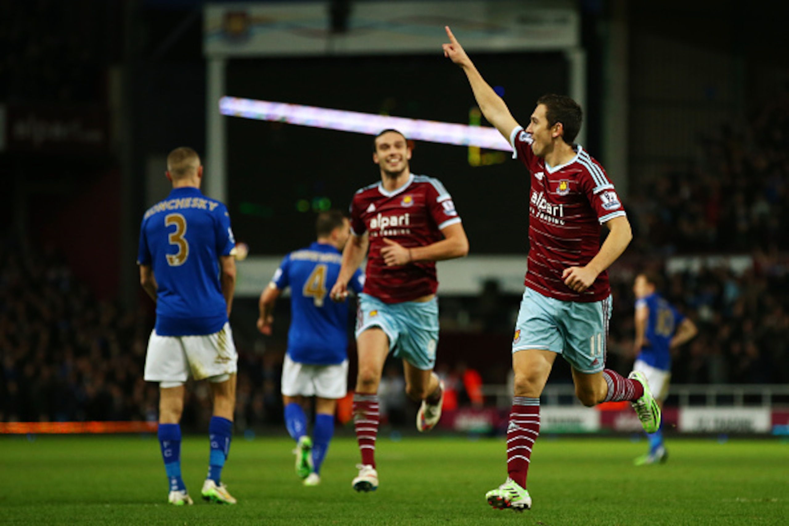 LONDON, ENGLAND - DECEMBER 20:  Stewart Downing of West Ham celebrates scoring the second their second goal during the Barclays Premier League match between West Ham United and Leicester City at Boleyn Ground on December 20, 2014 in London, England.  (Pho
