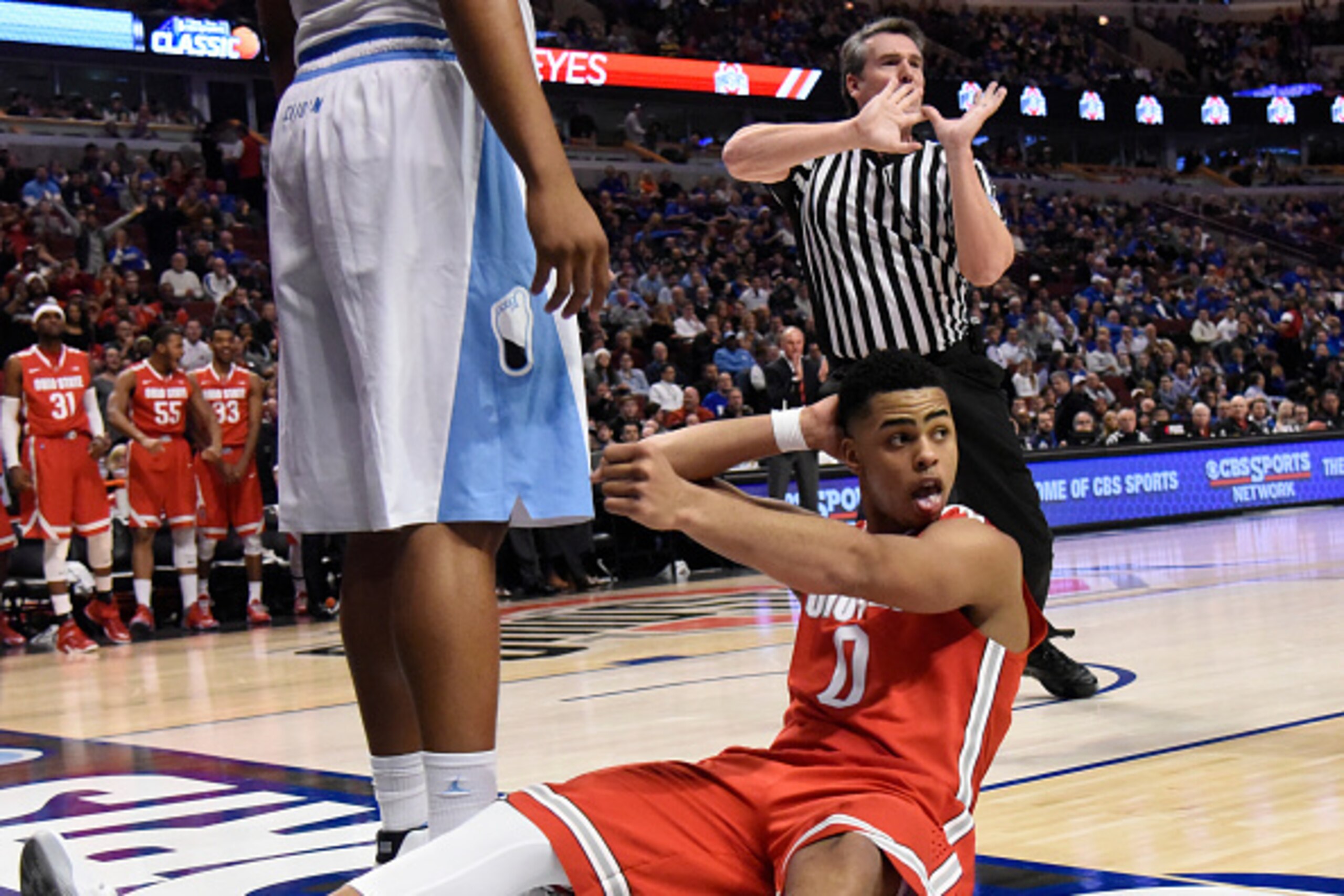 CHICAGO, IL- DECEMBER 20: D'Angelo Russell #0 of the Ohio State Buckeyes reacts after being fouled by the North Carolina Tar Heels during the second half of the CBS Sports Classic on December 20, 2014 at the United Center in Chicago, Illinois. The North C