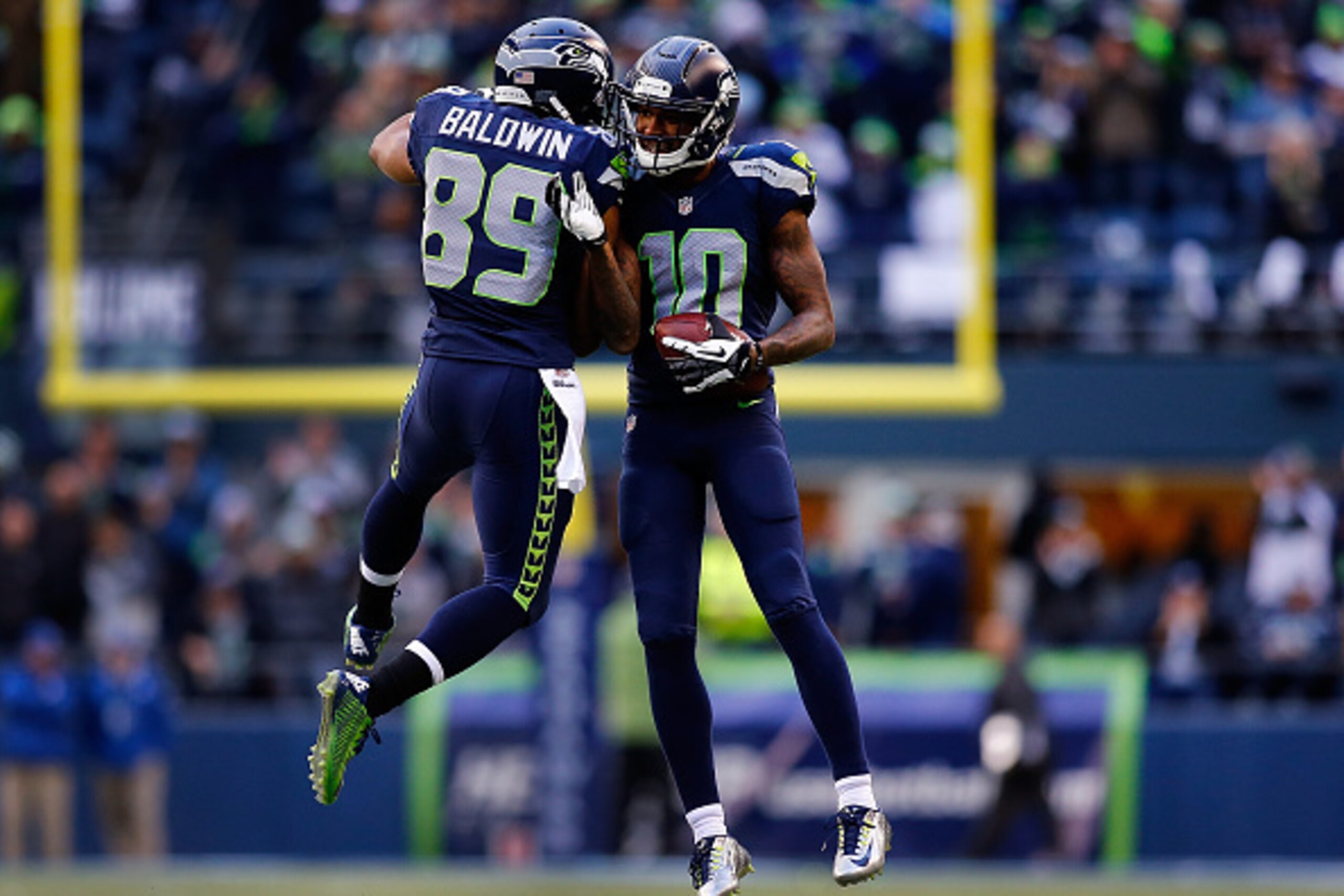 SEATTLE, WA - DECEMBER 28: Wide receiver Paul Richardson #10 of the Seattle Seahawks celebrates with wide receiver Doug Baldwin #89 of the Seattle Seahawks after making a catch during the third quarter of the game against the St. Louis Rams at CenturyLink
