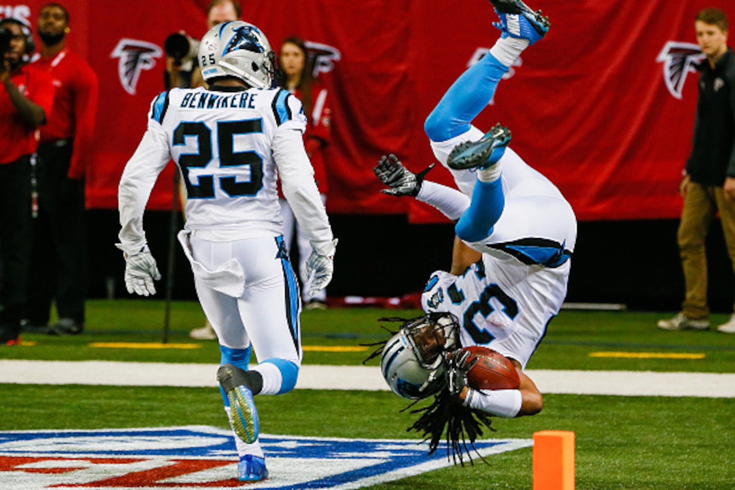 ATLANTA, GA - DECEMBER 28: Tre Boston #33 of the Carolina Panthers celebrates an interception return for a touchdown in the second half against the Atlanta Falcons at the Georgia Dome on December 28, 2014 in Atlanta, Georgia.  (Photo by Kevin C. Cox/Getty