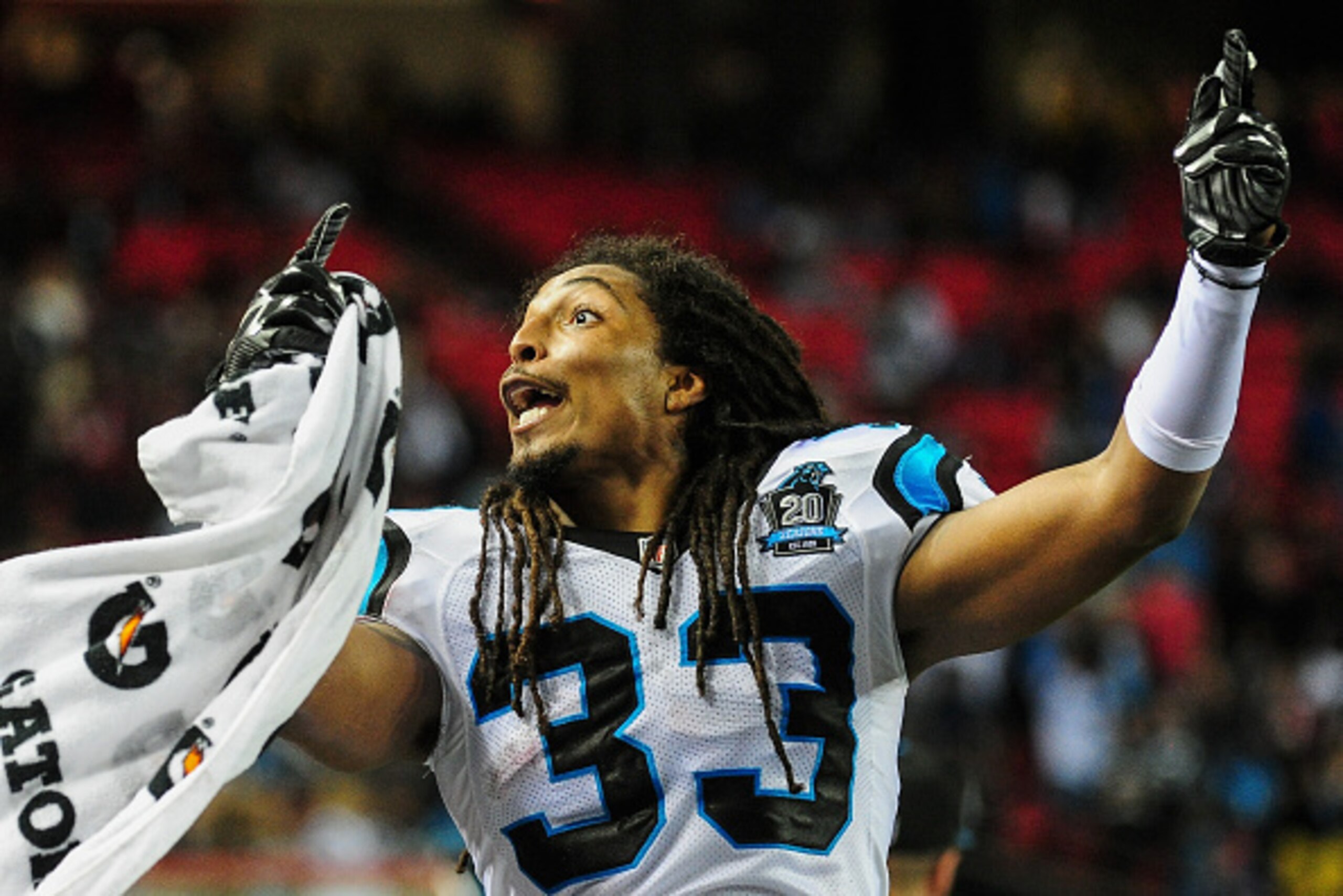 ATLANTA, GA - DECEMBER 28: Tre Boston #33 of the Carolina Panthers celebrates beating the Atlanta Falcons at the Georgia Dome on December 28, 2014 in Atlanta, Georgia.  (Photo by Scott Cunningham/Getty Images)