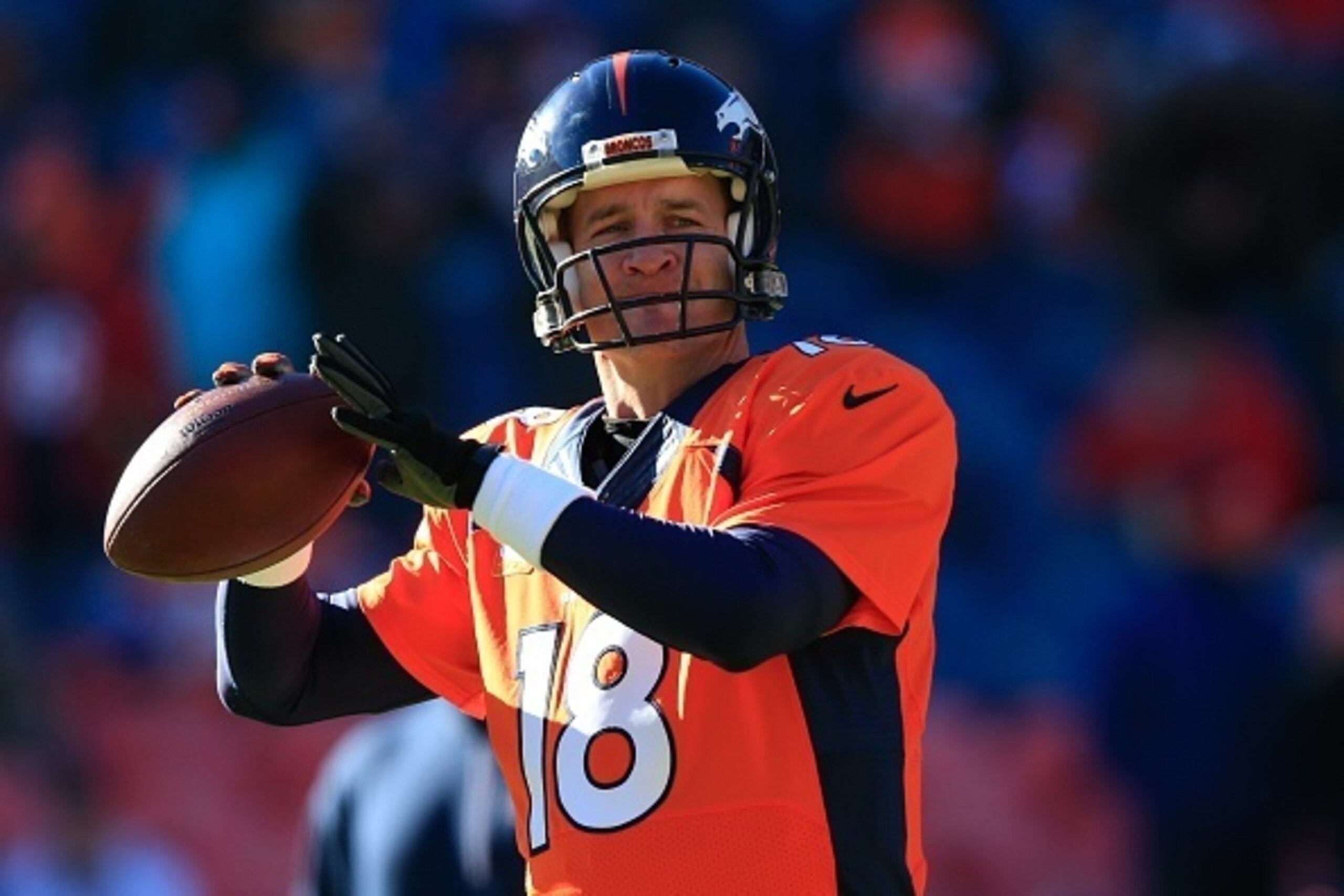 DENVER, CO - DECEMBER 28:  Quarterback Peyton Manning #18 of the Denver Broncos warms up before a game against the Oakland Raiders at Sports Authority Field at Mile High on December 28, 2014 in Denver, Colorado.  (Photo by Doug Pensinger/Getty Images)