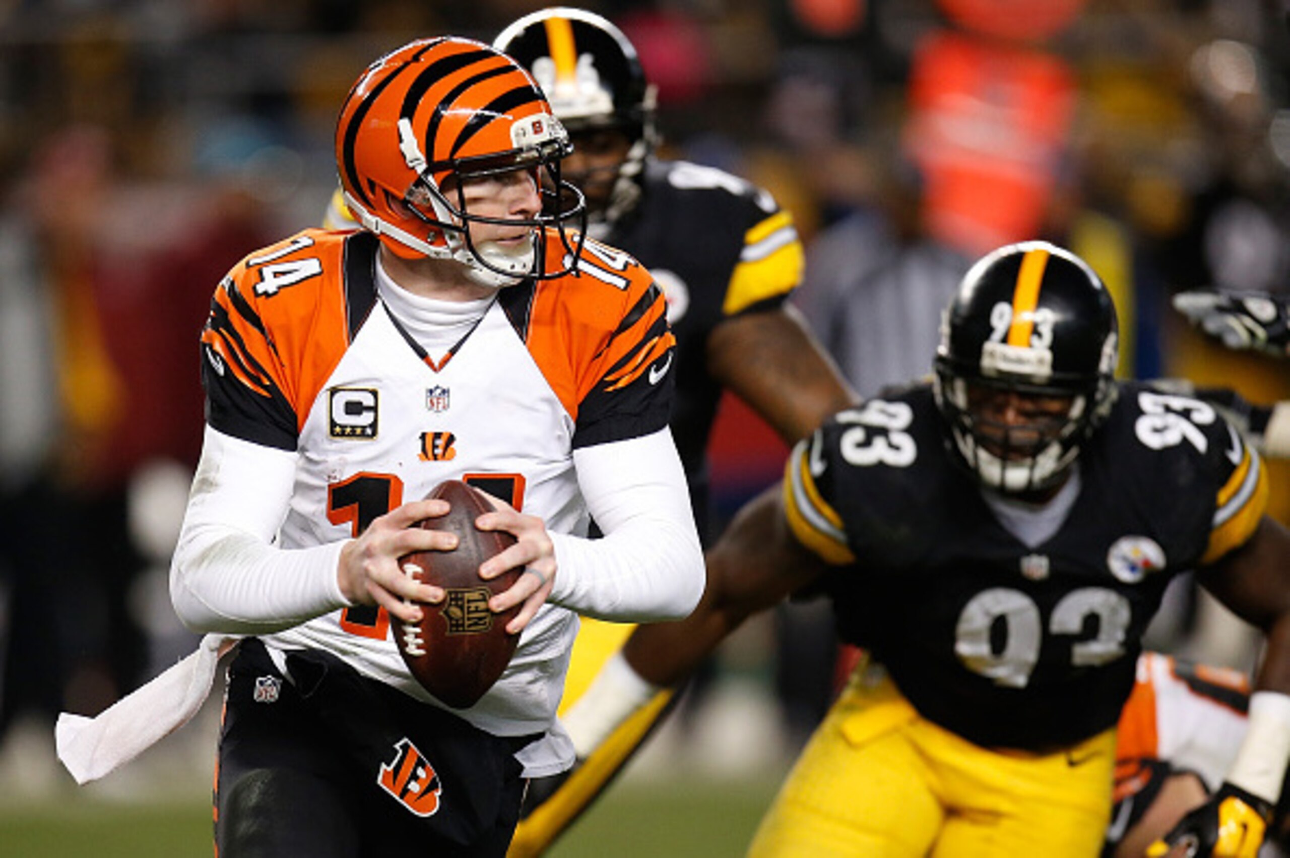 PITTSBURGH, PA - DECEMBER 28: Andy Dalton #14 of the Cincinnati Bengals looks to pass during the third quarter against the Pittsburgh Steelers at Heinz Field on December 28, 2014 in Pittsburgh, Pennsylvania. (Photo by Gregory Shamus/Getty Images) PITTSBURGH, PA - DECEMBER 28: Andy Dalton #14 of the Cincinnati Bengals looks to pass during the third quarter against the Pittsburgh Steelers at Heinz Field on December 28, 2014 in Pittsburgh, Pennsylvania. (Photo by Gregory Shamus/Getty Images)