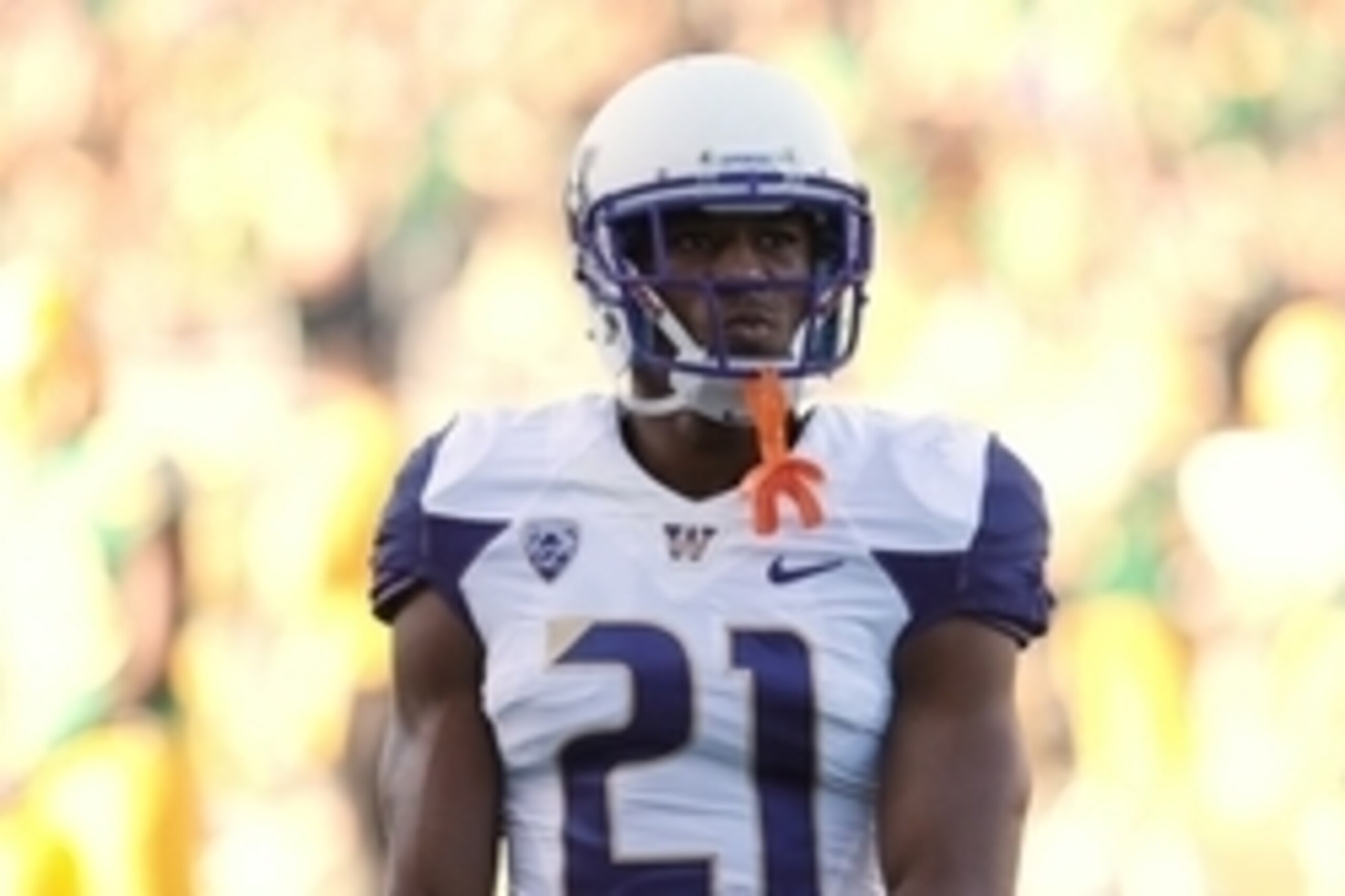 Oct 18, 2014; Eugene, OR, USA; Washington Huskies defensive back Marcus Peters (21) warming up before the game against the Oregon Ducks at Autzen Stadium. Mandatory Credit: Scott Olmos-USA TODAY Sports