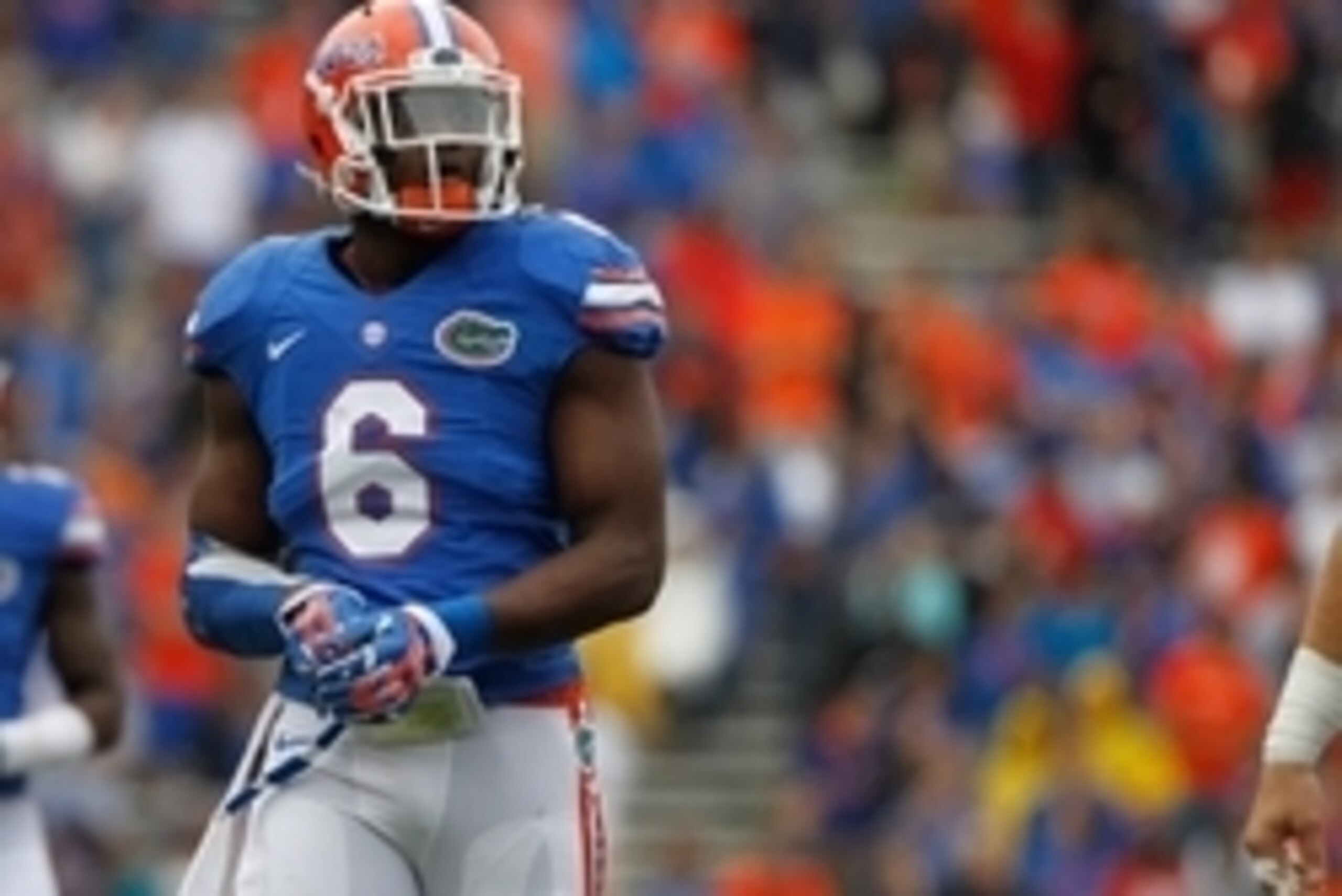 Nov 22, 2014; Gainesville, FL, USA; Florida Gators defensive lineman Dante Fowler Jr. (6) against the Eastern Kentucky Colonels during the first quarter at Ben Hill Griffin Stadium. Mandatory Credit: Kim Klement-USA TODAY Sports