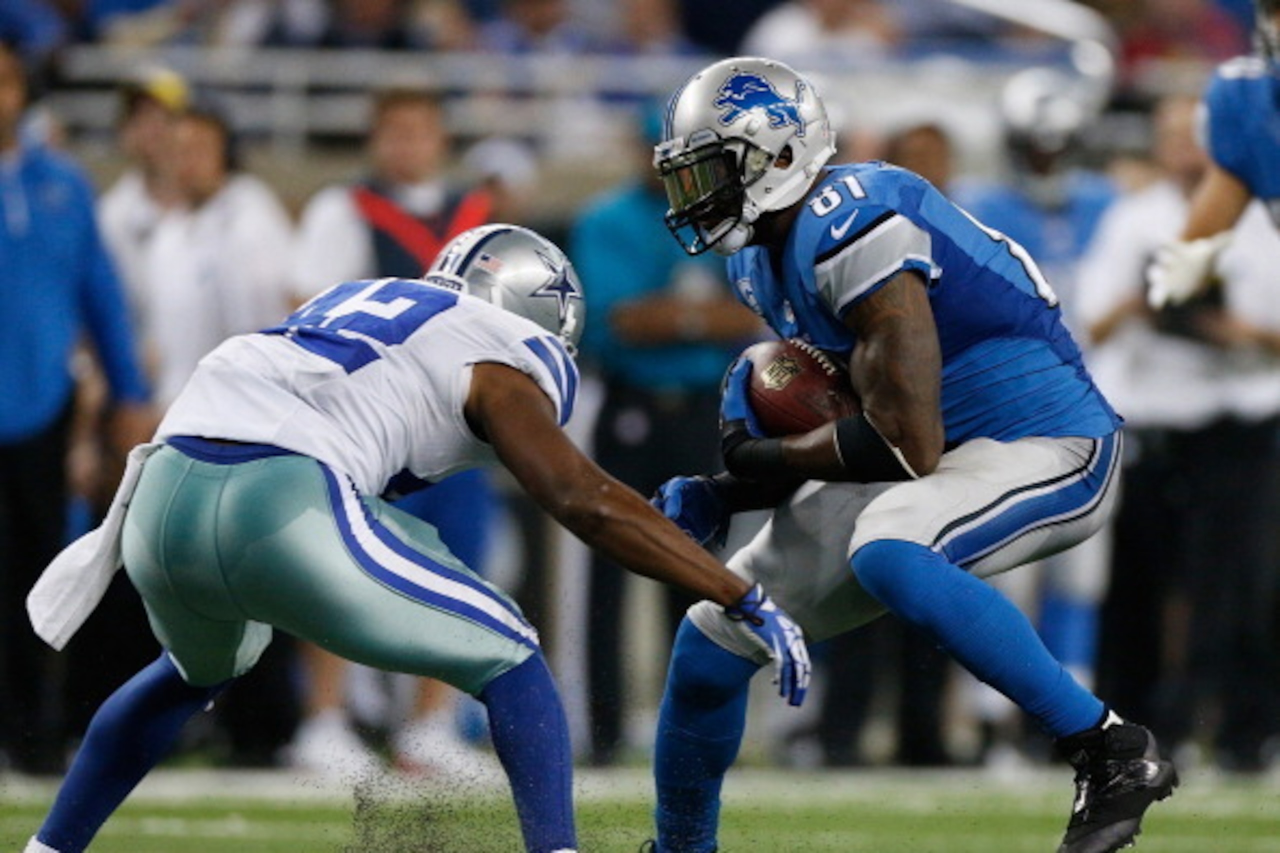 DETROIT, MI - OCTOBER 27: Calvin Johnson #81 of the Detroit Lions makes a move on Barry Church #42 of the Dallas Cowboys in the third quarter at Ford Field on October 27, 2013 in Detroit, Michigan. Detroit won the game 31-30. (Photo by Gregory Shamus/Gett DETROIT, MI - OCTOBER 27: Calvin Johnson #81 of the Detroit Lions makes a move on Barry Church #42 of the Dallas Cowboys in the third quarter at Ford Field on October 27, 2013 in Detroit, Michigan. Detroit won the game 31-30. (Photo by Gregory Shamus/Gett