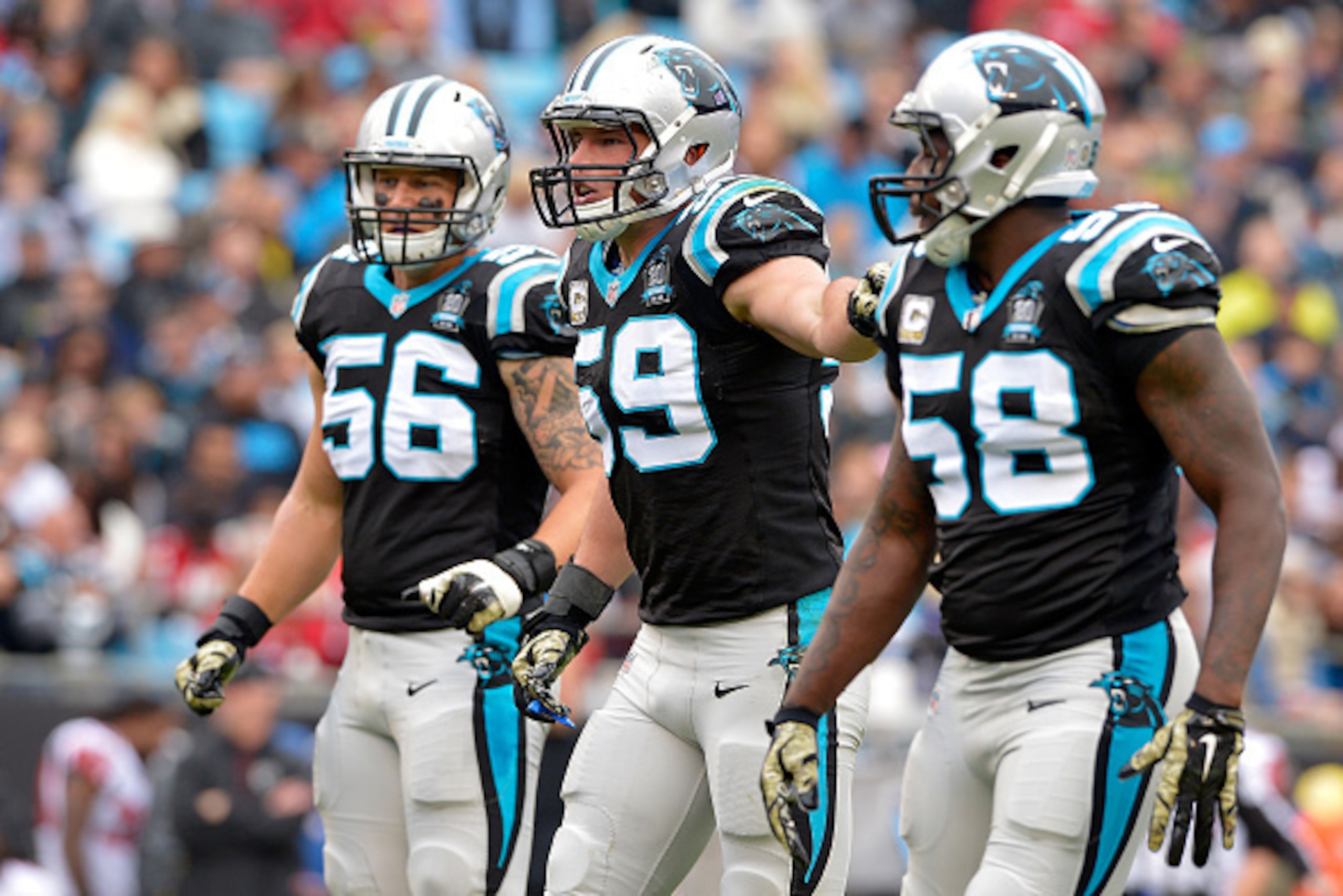 CHARLOTTE, NC - NOVEMBER 16: Carolina Panthers linebackers A.J. Klein #56, Luke Kuechly #59, and Thomas Davis #58 approach the line against the Atlanta Falcons in the 3rd quarter during their game at Bank of America Stadium on November 16, 2014 in Charlot CHARLOTTE, NC - NOVEMBER 16: Carolina Panthers linebackers A.J. Klein #56, Luke Kuechly #59, and Thomas Davis #58 approach the line against the Atlanta Falcons in the 3rd quarter during their game at Bank of America Stadium on November 16, 2014 in Charlot