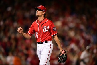 WASHINGTON, DC - OCTOBER 04:  Tyler Clippard #36 of the Washington Nationals celebrates a call in the tenth inning against the San Francisco Giants during Game Two of the National League Division Series at Nationals Park on October 4, 2014 in Washington, 