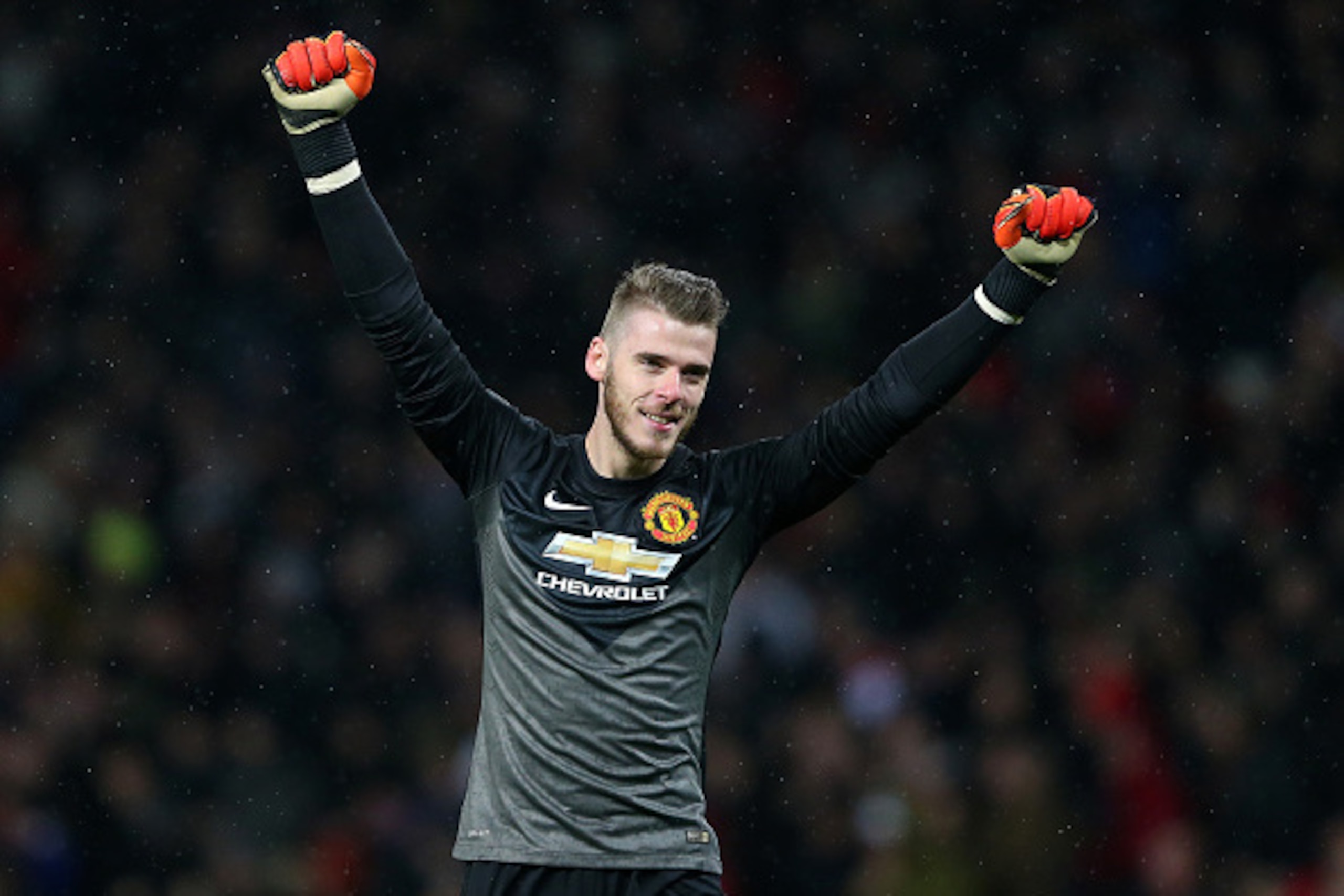 MANCHESTER, ENGLAND - DECEMBER 26:  David De Gea of Manchester United celebrates after the third goal during the Barclays Premier League match between Manchester United and Newcastle United at Old Trafford on December 26, 2014 in Manchester, England.  (Ph