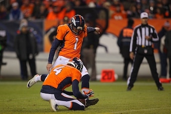 DENVER, CO - DECEMBER 28:  Kicker Connor Barth #1 of the Denver Broncos kicks a 21 yard field goal in the fourth quarter of a game against the Oakland Raiders at Sports Authority Field at Mile High on December 28, 2014 in Denver, Colorado.  (Photo by Just