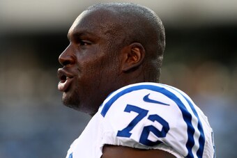 EAST RUTHERFORD, NJ - AUGUST 07:  Center Jonotthan Harrison #72 of the Indianapolis Colts looks on against the New York Jets during a preseason game at MetLife Stadium on August 7, 2014 in East Rutherford, New Jersey.  (Photo by Elsa/Getty Images)