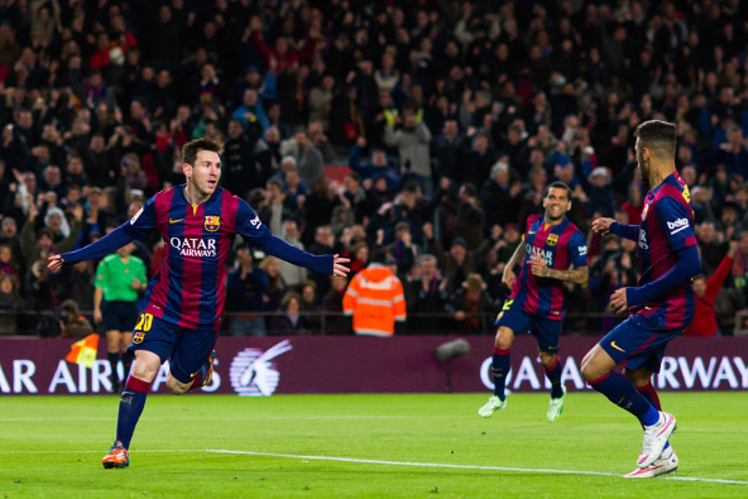 BARCELONA, SPAIN - DECEMBER 07: Lionel Messi (L) of FC Barcelona celebrates with his teammate Neymar Santos Jr after scoring his second team's goal during the La Liga match between FC Barcelona and RCD Espanyol at Camp Nou on December 7, 2014 in Barcelona BARCELONA, SPAIN - DECEMBER 07: Lionel Messi (L) of FC Barcelona celebrates with his teammate Neymar Santos Jr after scoring his second team's goal during the La Liga match between FC Barcelona and RCD Espanyol at Camp Nou on December 7, 2014 in Barcelona