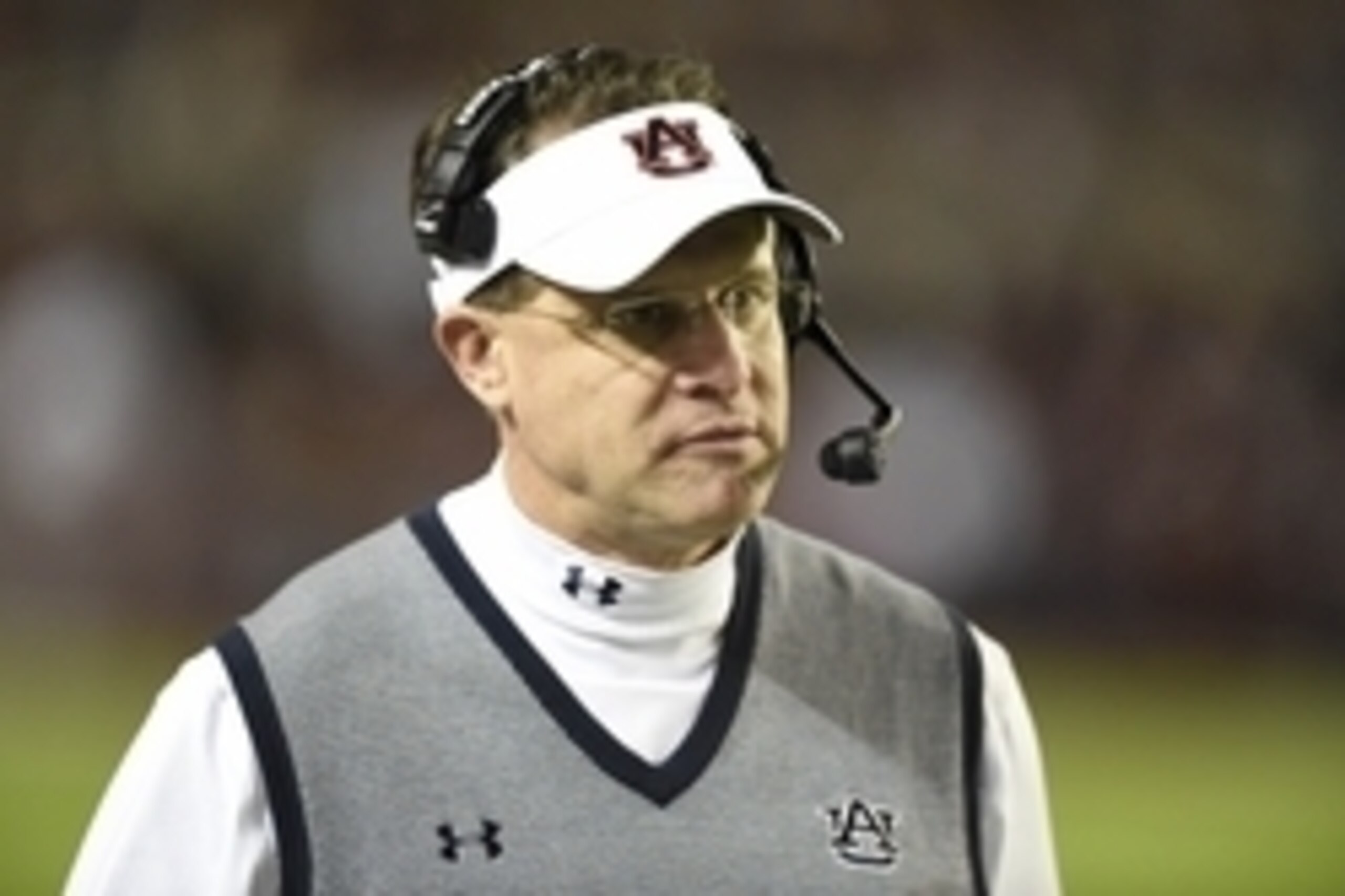 Nov 29, 2014; Tuscaloosa, AL, USA; Auburn Tigers head coach Gus Malzahn reacts on the sideline against the Alabama Crimson Tide in the first quarter at Bryant-Denny Stadium. Mandatory Credit: John David Mercer-USA TODAY Sports