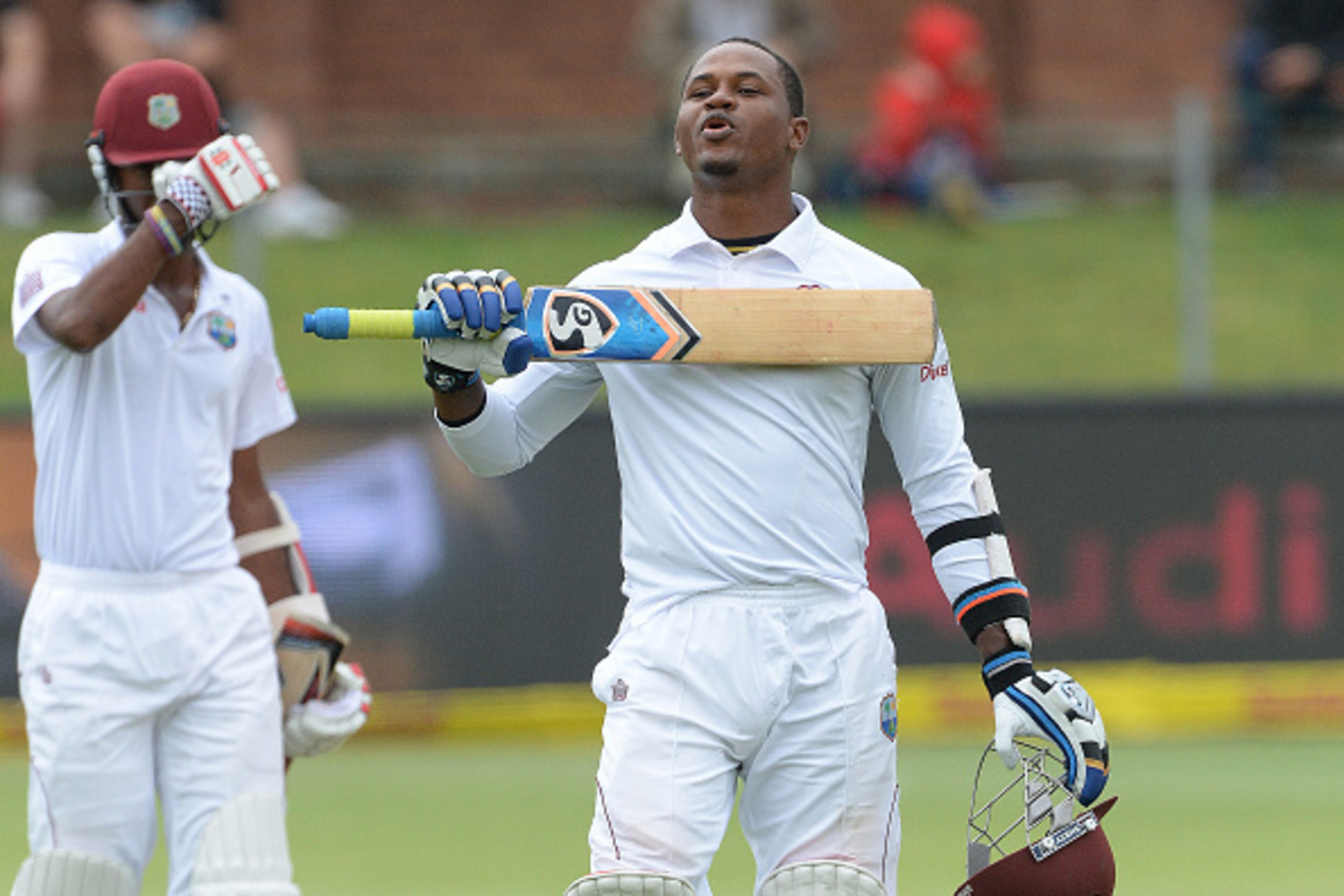 PORT ELIZABETH, SOUTH AFRICA - DECEMBER 29: Marlon Samuels celebrates his century during day 4 of the 2nd Test match between South Africa and West Indies at St. Georges Park on December 29, 2014 in Port Elizabeth, South Africa. (Photo by Duif du Toit/Gall