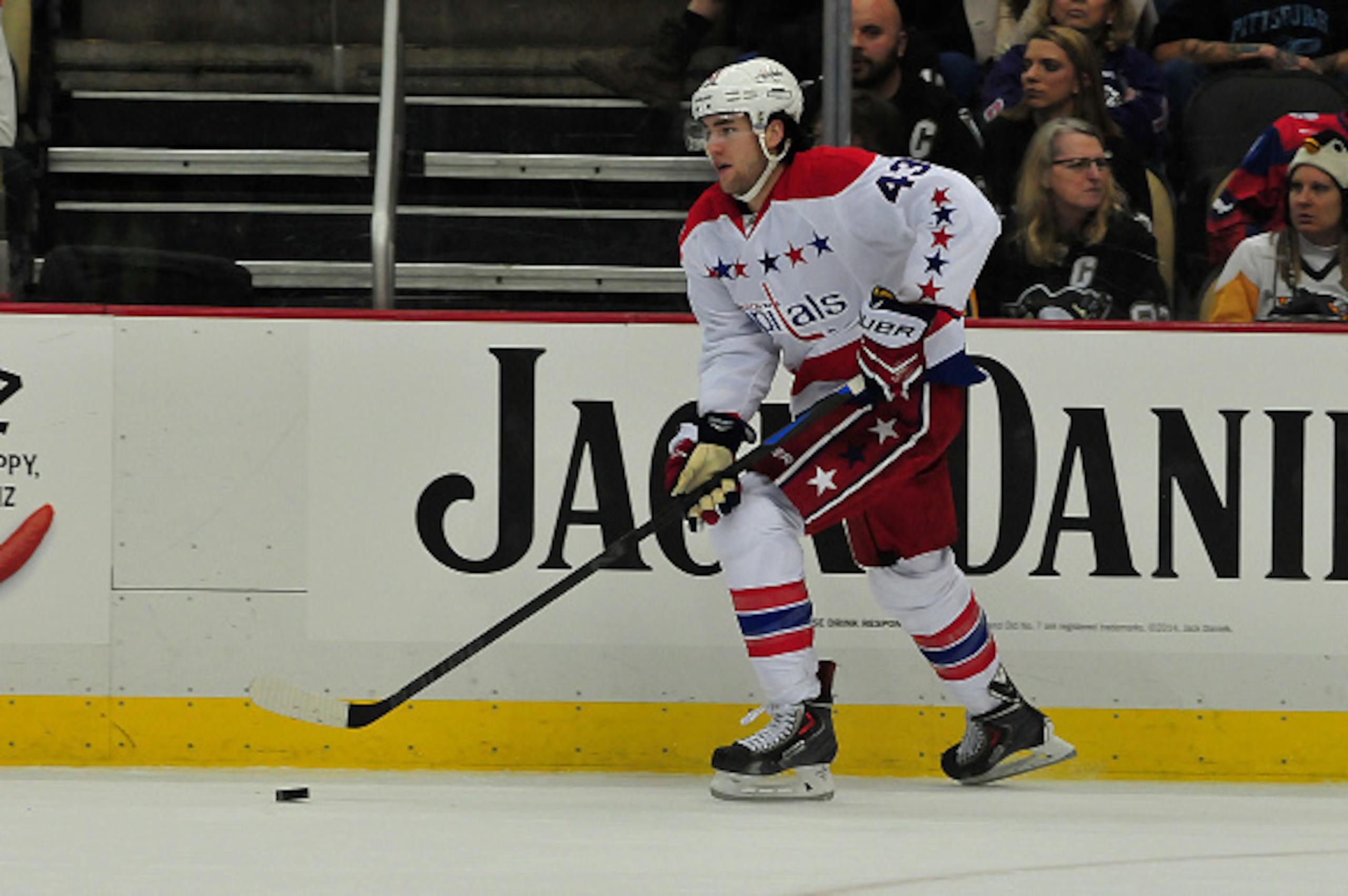 PITTSBURGH, PA - DECEMBER 27: Tom Wilson #43 of the Washington Capitals skates with the puck against the Pittsburgh Penguins at Consol Energy Center on December 27, 2014 in Pittsburgh, Pennsylvania. (Photo by Matt Kincaid/Getty Images)
