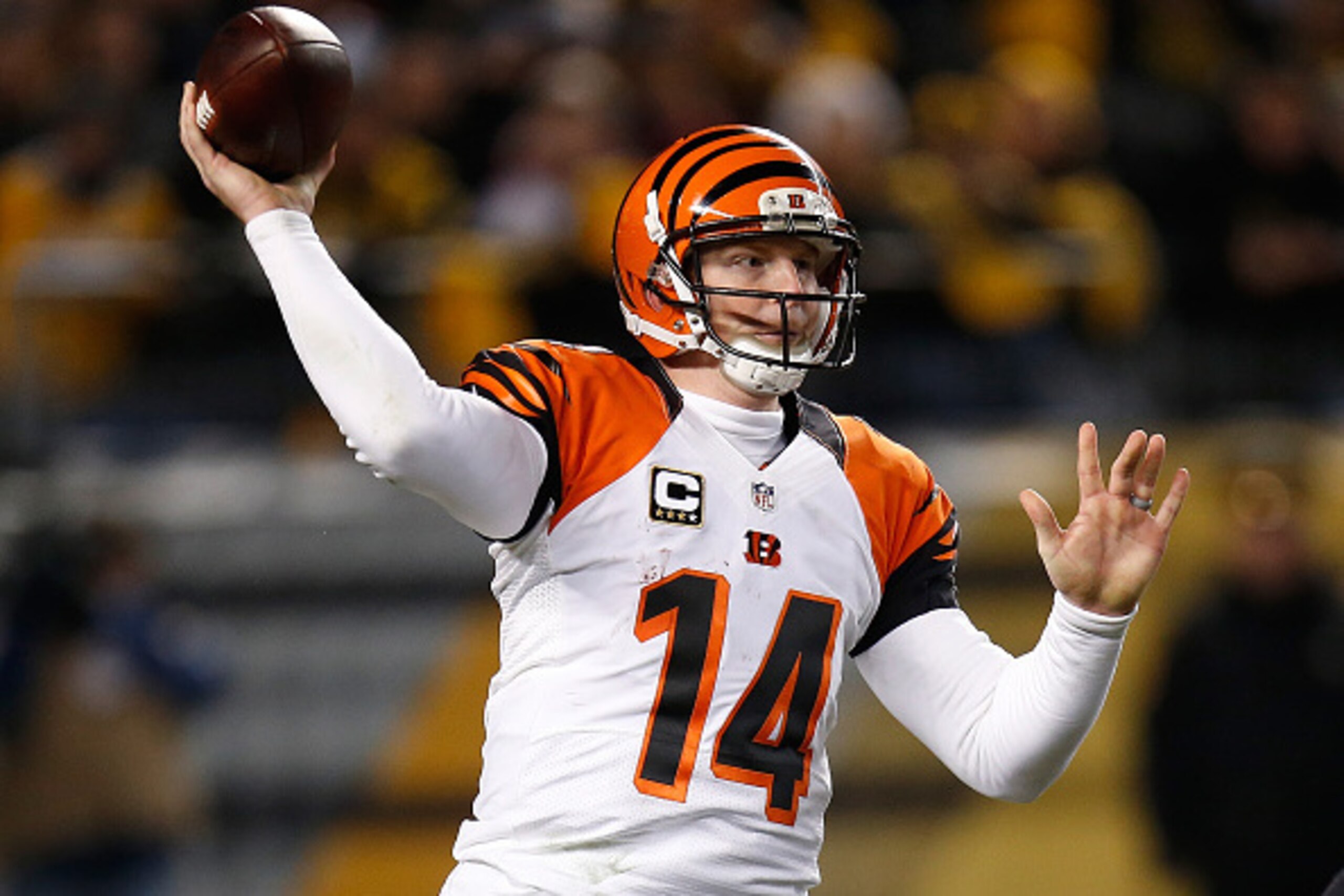 PITTSBURGH, PA - DECEMBER 28:  Andy Dalton #14 of the Cincinnati Bengals throws a pass during the third quarter against the Pittsburgh Steelers at Heinz Field on December 28, 2014 in Pittsburgh, Pennsylvania.  (Photo by Gregory Shamus/Getty Images)