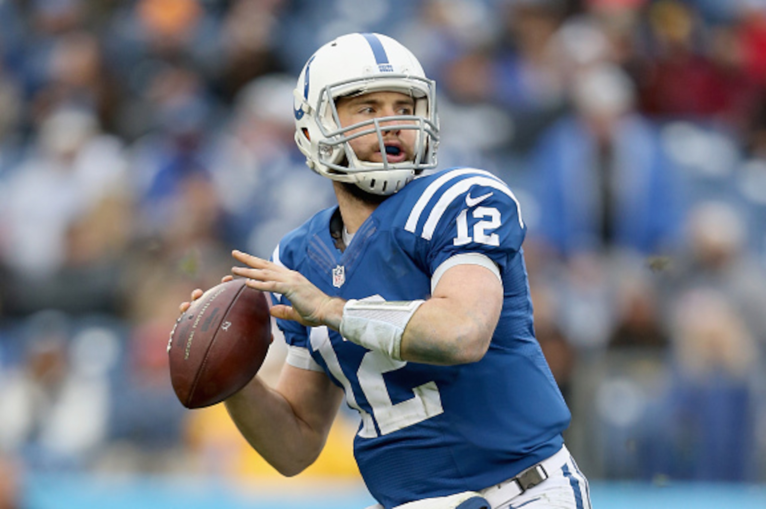 NASHVILLE, TN - DECEMBER 28:  Andrew Luck #12 of the Indianapolis Colts throws a pass during the game against the Tennessee Titans at LP Field on December 28, 2014 in Nashville, Tennessee.  (Photo by Andy Lyons/Getty Images)