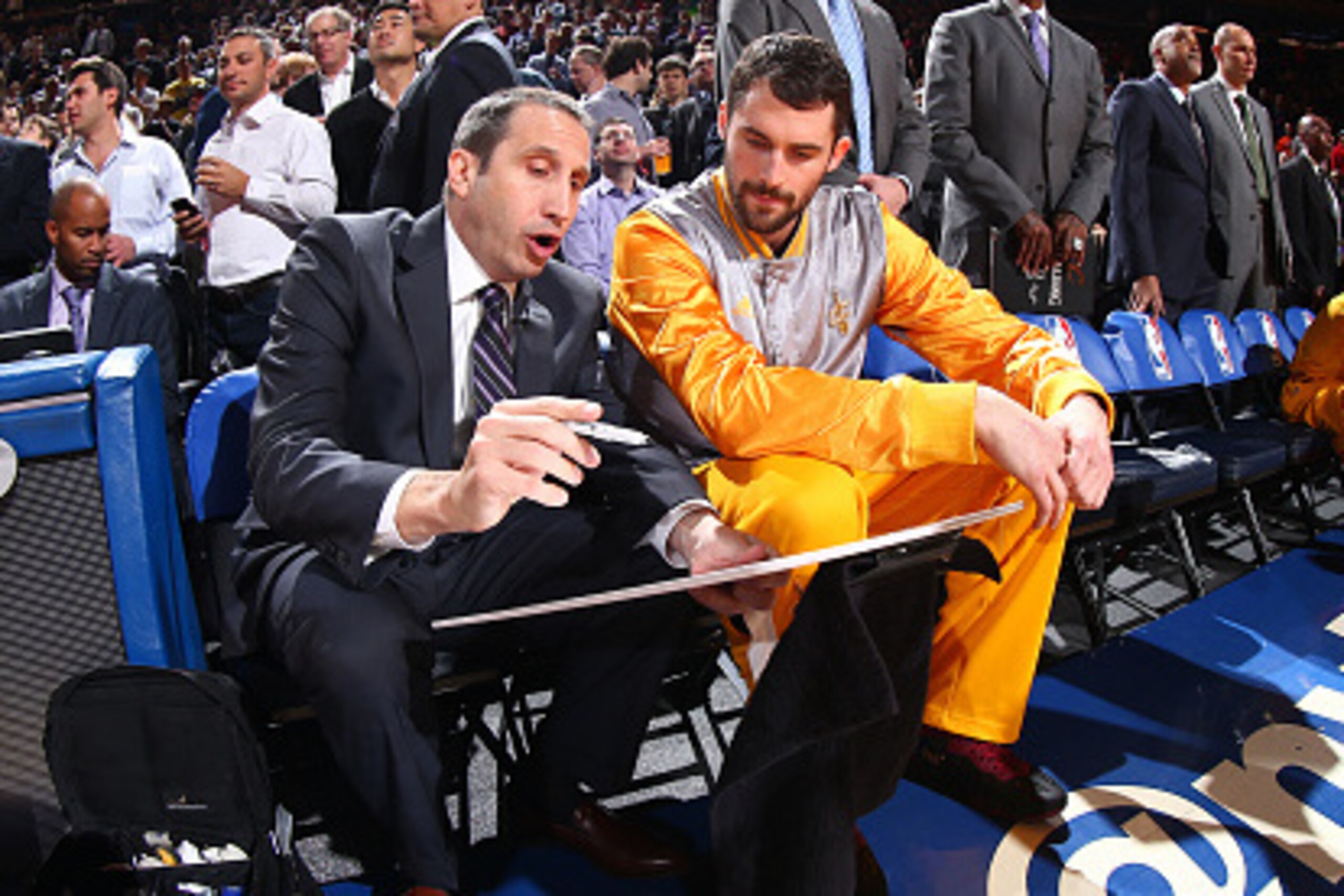 NEW YORK, NY - DECEMBER 4: Kevin Love #0 and David Blatt Head Coach of the Cleveland Cavaliers talk strategy during a game against the New York Knicks at Madison Square Garden in New York City, New York on December 4, 2014.  NOTE TO USER: User expressly a
