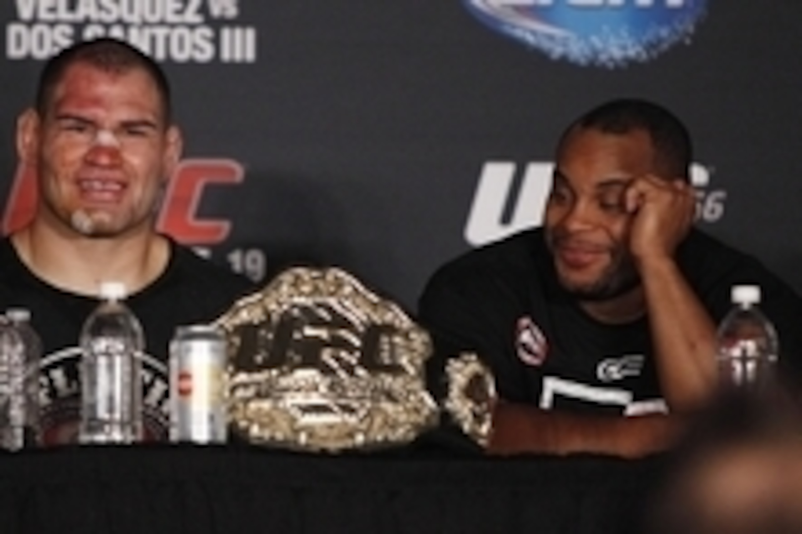 Oct 19, 2013; Houston, TX, USA; Cain Velasquez (left) and Daniel Cormier during the press conference following UFC 166 at Toyota Center. Mandatory Credit: Andrew Richardson-USA TODAY Sports Oct 19, 2013; Houston, TX, USA; Cain Velasquez (left) and Daniel Cormier during the press conference following UFC 166 at Toyota Center. Mandatory Credit: Andrew Richardson-USA TODAY Sports
