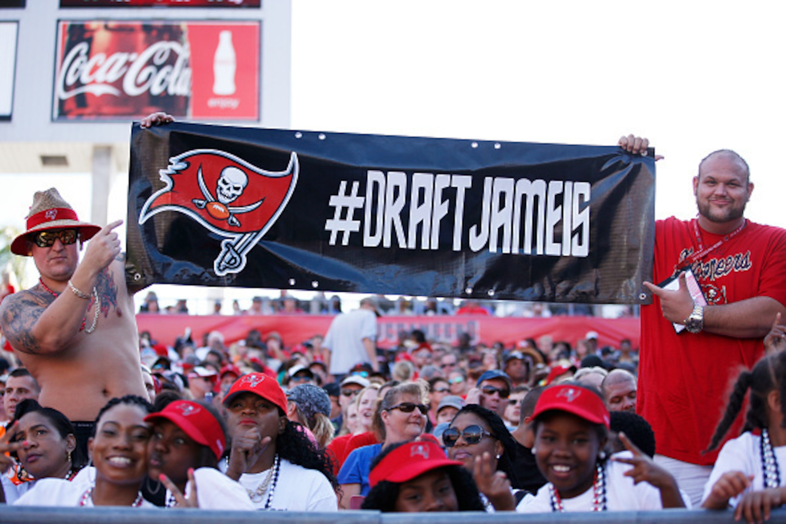 TAMPA, FL - DECEMBER 28: Tampa Bay Buccaneers fans display a sign asking for the team to draft Florida State quarterback Jameis Winston during the second half of the game against the New Orleans Saints at Raymond James Stadium on December 28, 2014 in Tamp