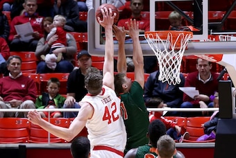 Nov 26, 2014; Salt Lake City, UT, USA; Utah Utes forward Jakob Poeltl (42) blocks a shot by Texas-Pan American Broncs forward Andreas Bigum (11) during the first half at Jon M. Huntsman Center. Mandatory Credit: Chris Nicoll-USA TODAY Sports