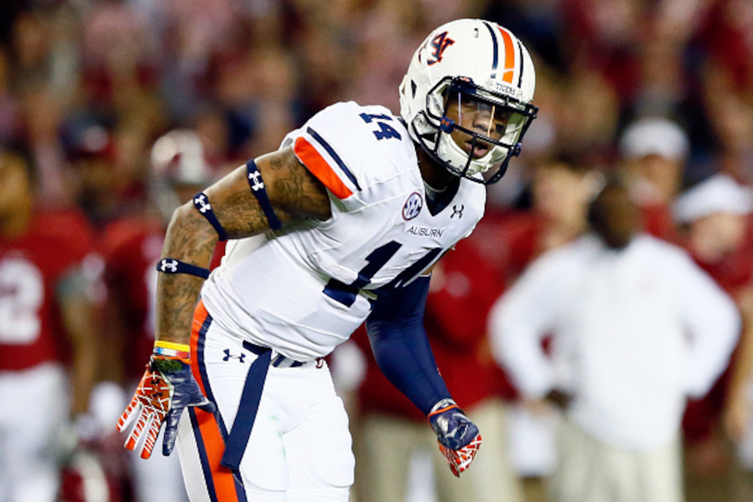 TUSCALOOSA, AL - NOVEMBER 29:  Nick Marshall #14 of the Auburn Tigers reacts in the first half against against the Alabama Crimson Tide during the Iron Bowl at Bryant-Denny Stadium on November 29, 2014 in Tuscaloosa, Alabama.  (Photo by Kevin C. Cox/Getty