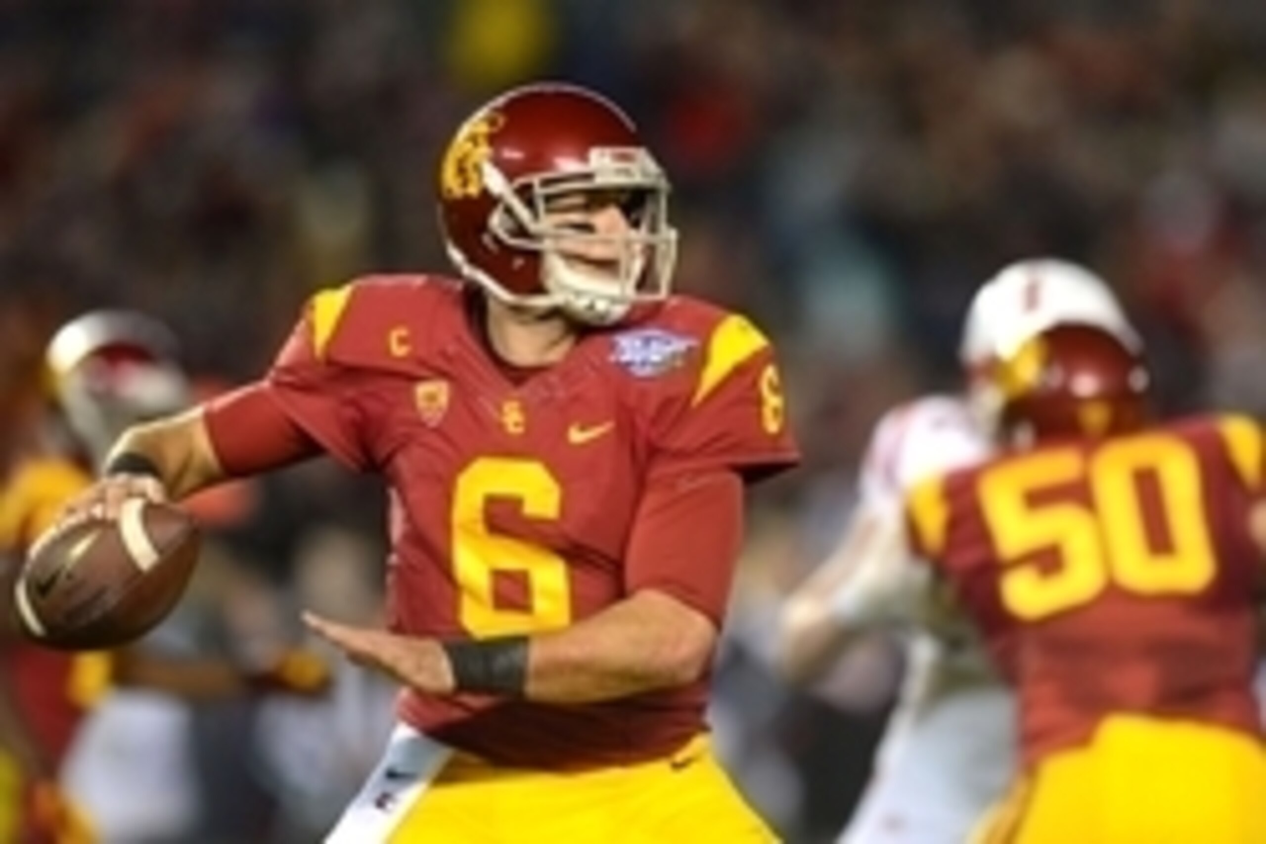 Dec 27, 2014; San Diego, CA, USA; USC Trojans quarterback Cody Kessler (6) looks to pass during the second quarter against the Nebraska Cornhuskers in the 2014 Holiday Bowl at Qualcomm Stadium. Mandatory Credit: Jake Roth-USA TODAY Sports