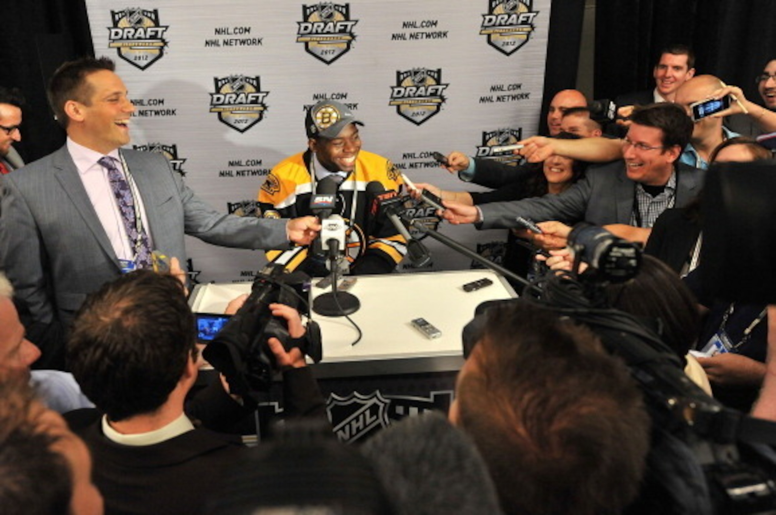 PITTSBURGH, PA - JUNE 22:  24th overall pick Malcolm Subban of the Boston Bruins speaks to the media during the 2012 NHL Entry Draft at Consol Energy Center on June 22, 2012 in Pittsburgh, Pennsylvania.  (Photo by Brian Babineau/NHLI via Getty Images)