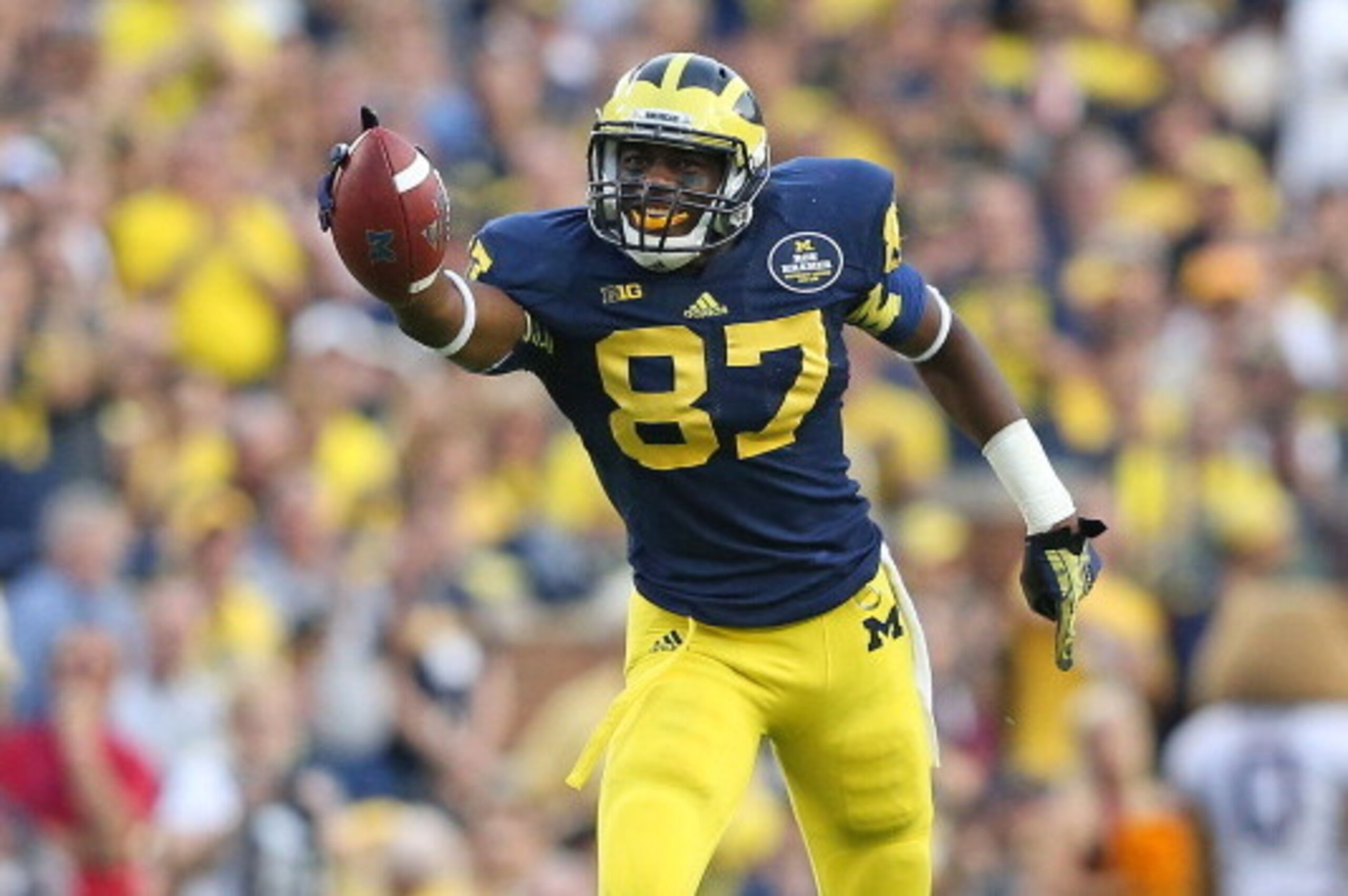 ANN ARBOR, MI - OCTOBER 05: Devin Funchess #87 of the Michigan Wolverines celebrates after catching a  46 yard pass during the fourth quarter of the game against the Minnesota Golden Gophers at Michigan Stadium on October 5, 2013 in Ann Arbor, Michigan. M