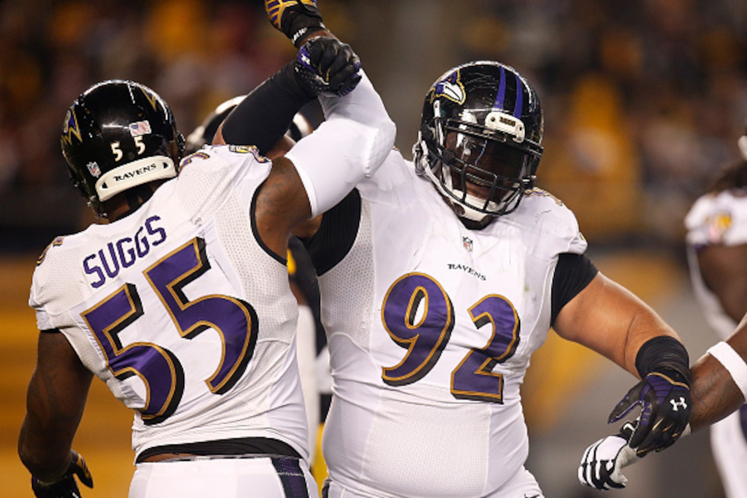 PITTSBURGH, PA - NOVEMBER 02:  Haloti Ngata #92 celebrates with Terrell Suggs #55 of the Baltimore Ravens after sacking Ben Roethlisberger #7 of the Pittsburgh Steelers during the second quarter at Heinz Field on November 2, 2014 in Pittsburgh, Pennsylvan