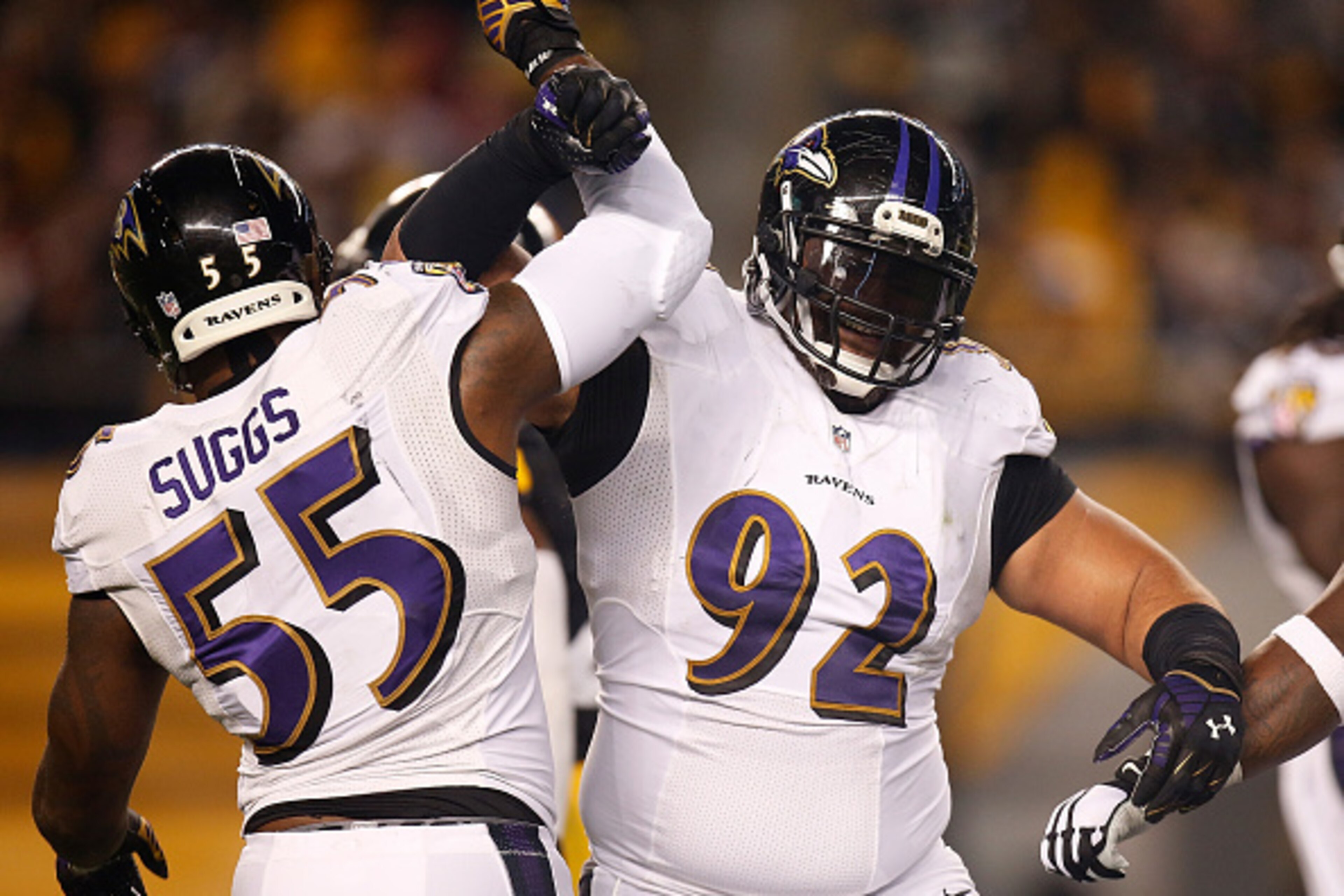 PITTSBURGH, PA - NOVEMBER 02:  Haloti Ngata #92 celebrates with Terrell Suggs #55 of the Baltimore Ravens after sacking Ben Roethlisberger #7 of the Pittsburgh Steelers during the second quarter at Heinz Field on November 2, 2014 in Pittsburgh, Pennsylvan