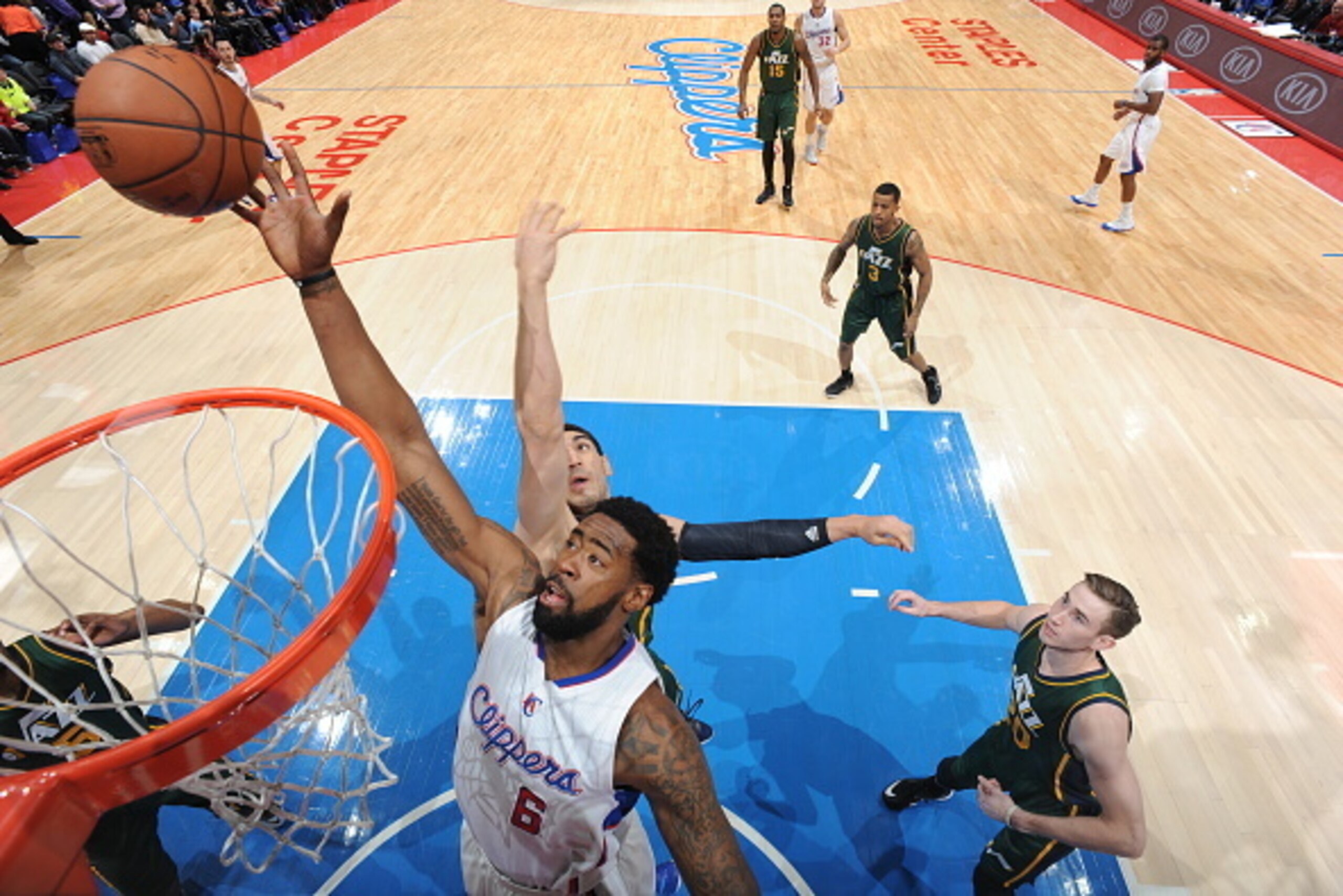 LOS ANGELES, CA - DECEMBER 29: DeAndre Jordan #6 of the Los Angeles Clippers grabs a rebound against the Utah Jazz on December 29, 2014 at STAPLES Center in Los Angeles, California. NOTE TO USER: User expressly acknowledges and agrees that, by downloading